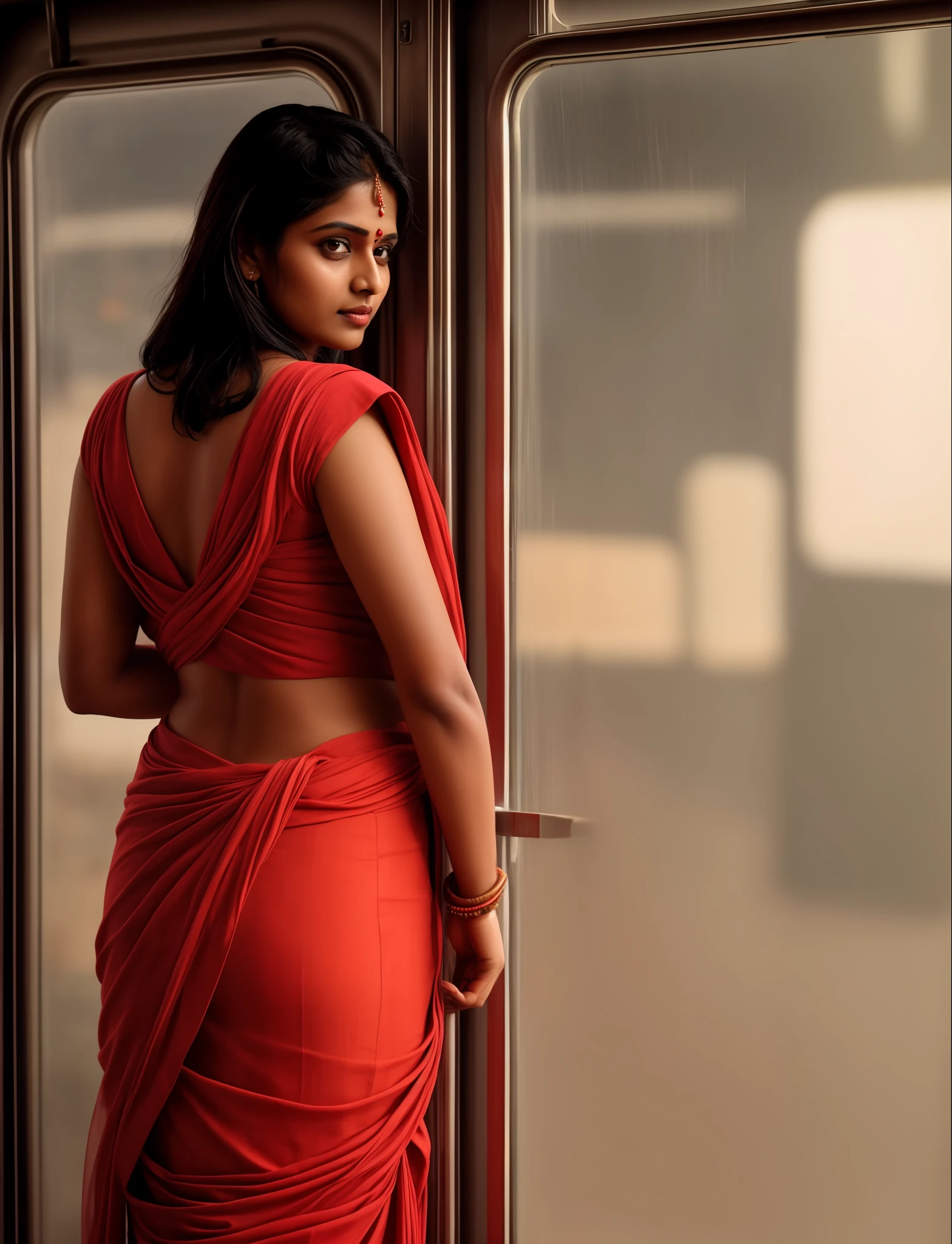 editorial photo of an Indian woman, shot on CineStill 800T, wearing saree, in a train, 32k, cinematic composition, professional color grading, film grain, atmosphere, wondrous, visible navel, anatomically correct, hyperrealistic, back view, looking at camera