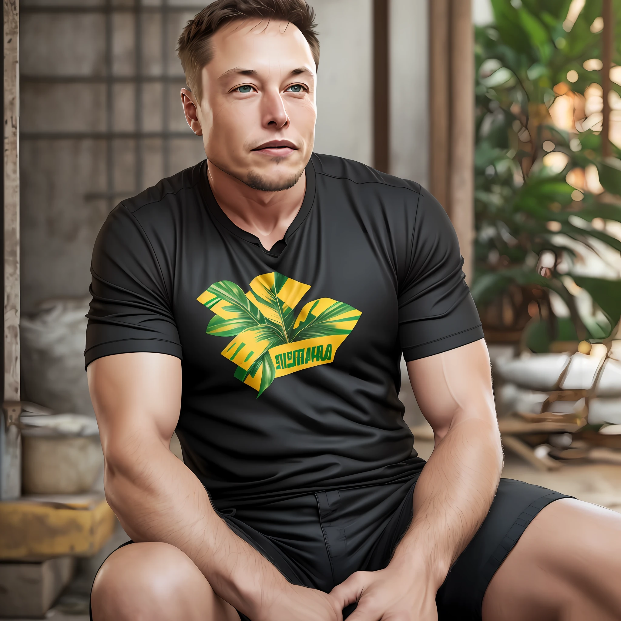 Photo by Elon Musk, (sitting in a Brazilian favela), (super realistic), (realistic and soft lighting), realistic textures, 8k, (super high resolutions), periphery, brazil, (with a black shirt), (shorts and Hawaiian) --auto --s2