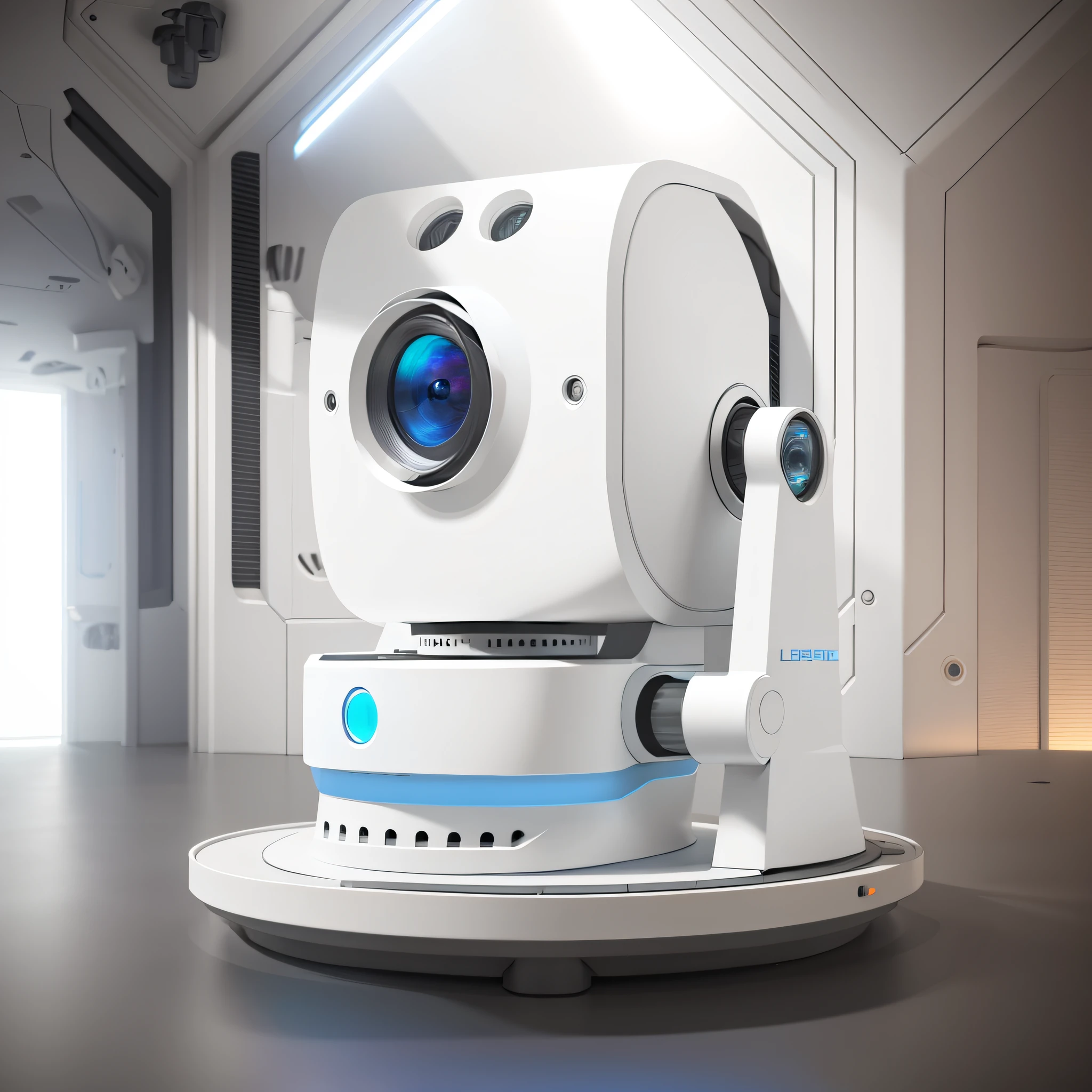 There is a projector sitting on a plate, by Jeonseok Lee, depicted as 3D rendering, robot with human face, cute 3D rendering, security camera photo, glowing mechanical eye camera, 3D illustration, 3D illustration, stylized 3D rendering, 3D rendering stylized, rendering in Cinema4D, projector lens sense enhancement, technology products, outdoor scenes, natural light sense, blue and white color matching, sense of technology, (((placed on the lawn)))