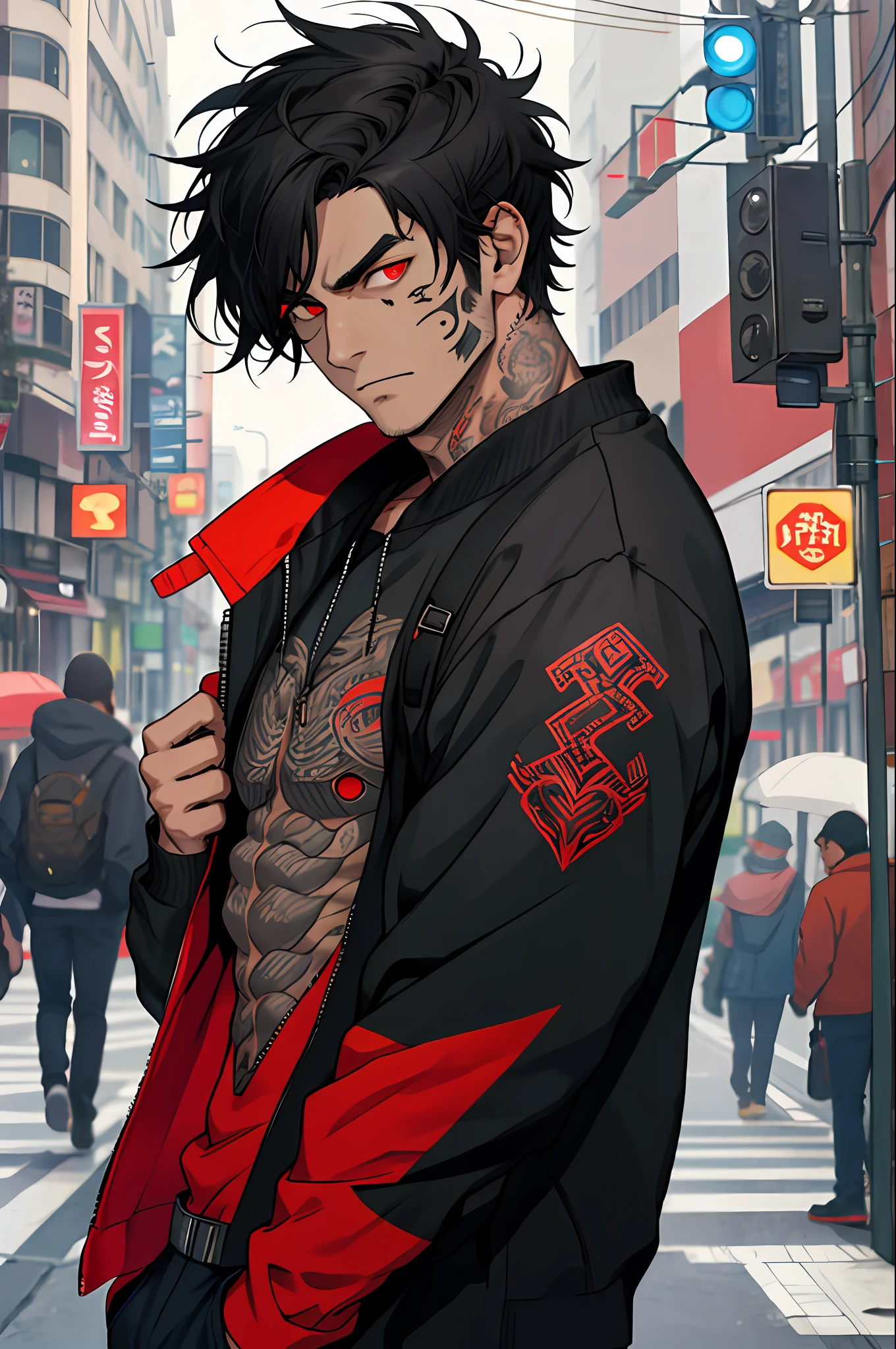 A man on the street, short black hair, tattoos on his face, a cold expression, red eyes