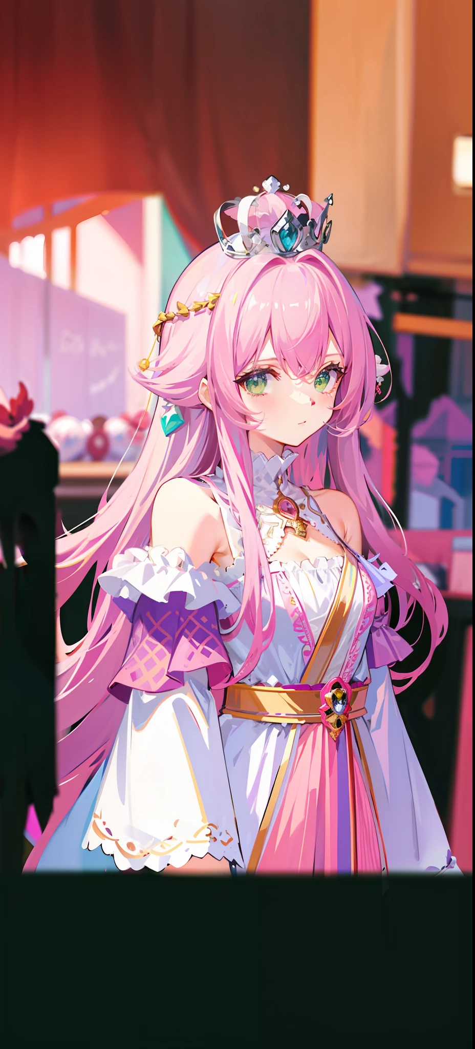 Long pink hair, green eyes, princess, silver crown, pink-purple robe, white long dress,