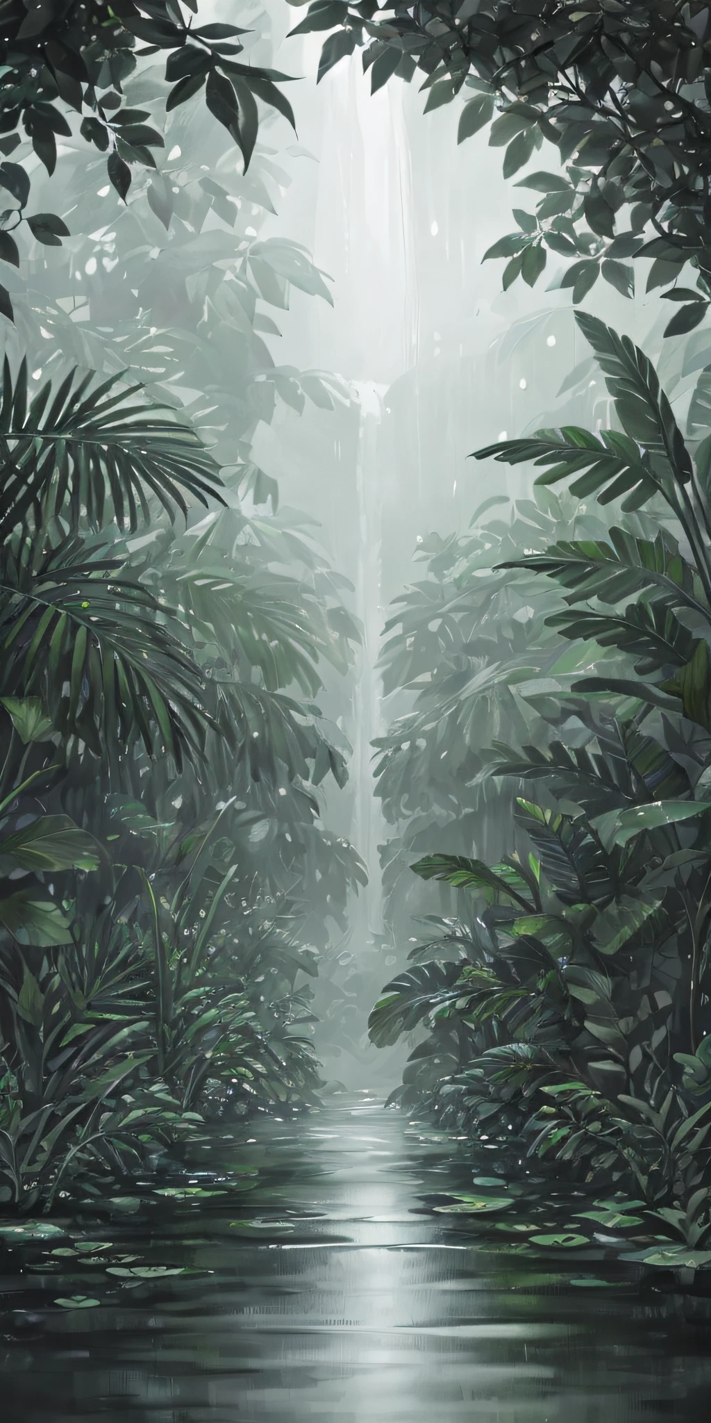 Jungle, heavy rainfall, monochrome, vines everywhere, huge and humid trees, masterpiece, best quality, high quality, very detailed CG unified 8k wallpaper, oil painting, award-winning photography, bokeh, depth of field, HDR, bloom, color difference, realism, very detailed, trends on artstation, trends on CGSociety, intricate, high detail, drama, midjourney art, volumetric lighting