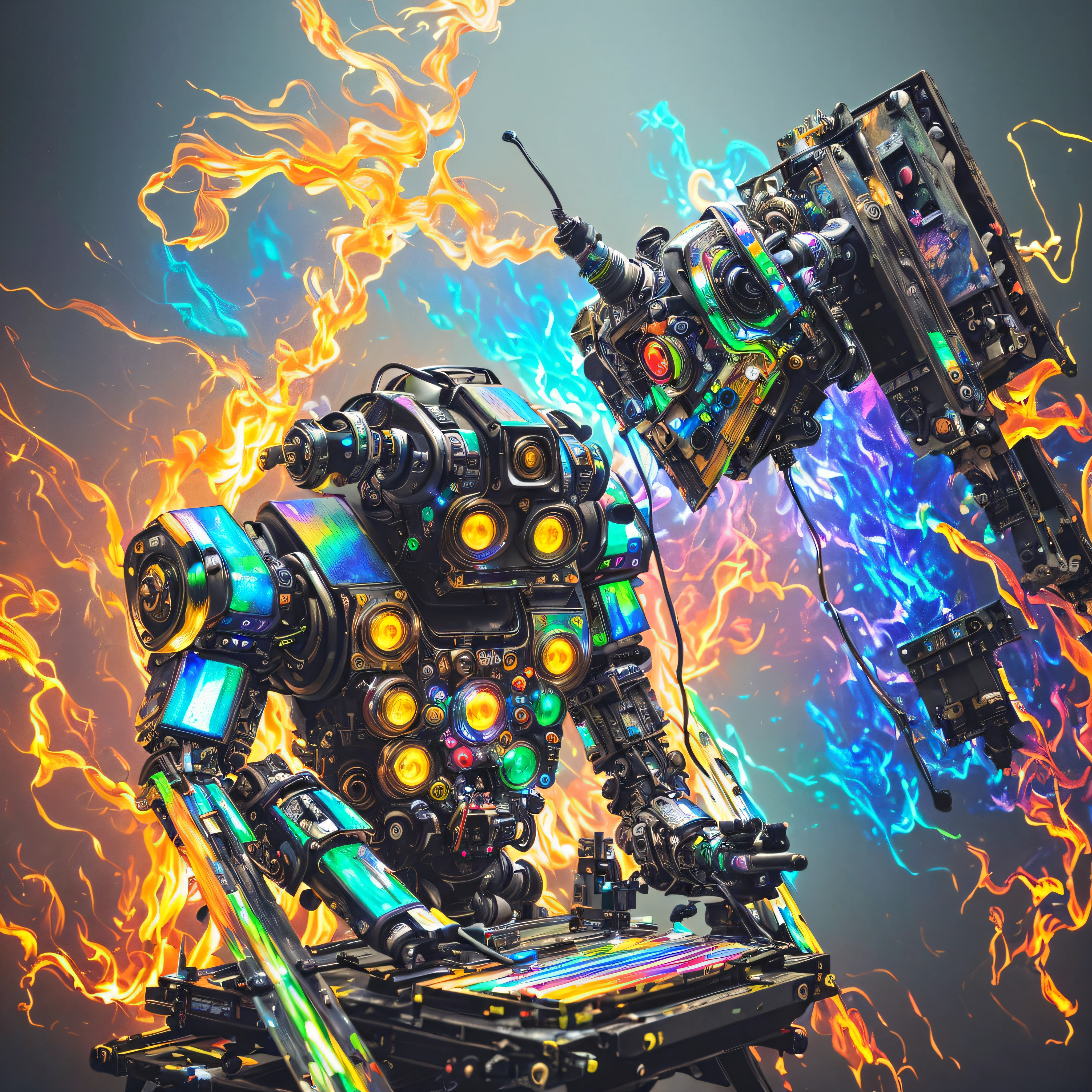 (masterpiece, best quality, highres, absurdres, detailed:1.2), humanoid, robot, wearing headphones, looking away, (cyberpunk, art canvas, paint brush, painting on studio lab, easel, iridescent, holographic: 1.6), (cables, wires, flames, fire, smoke, overheat, explosion, indoors, room, simple background)