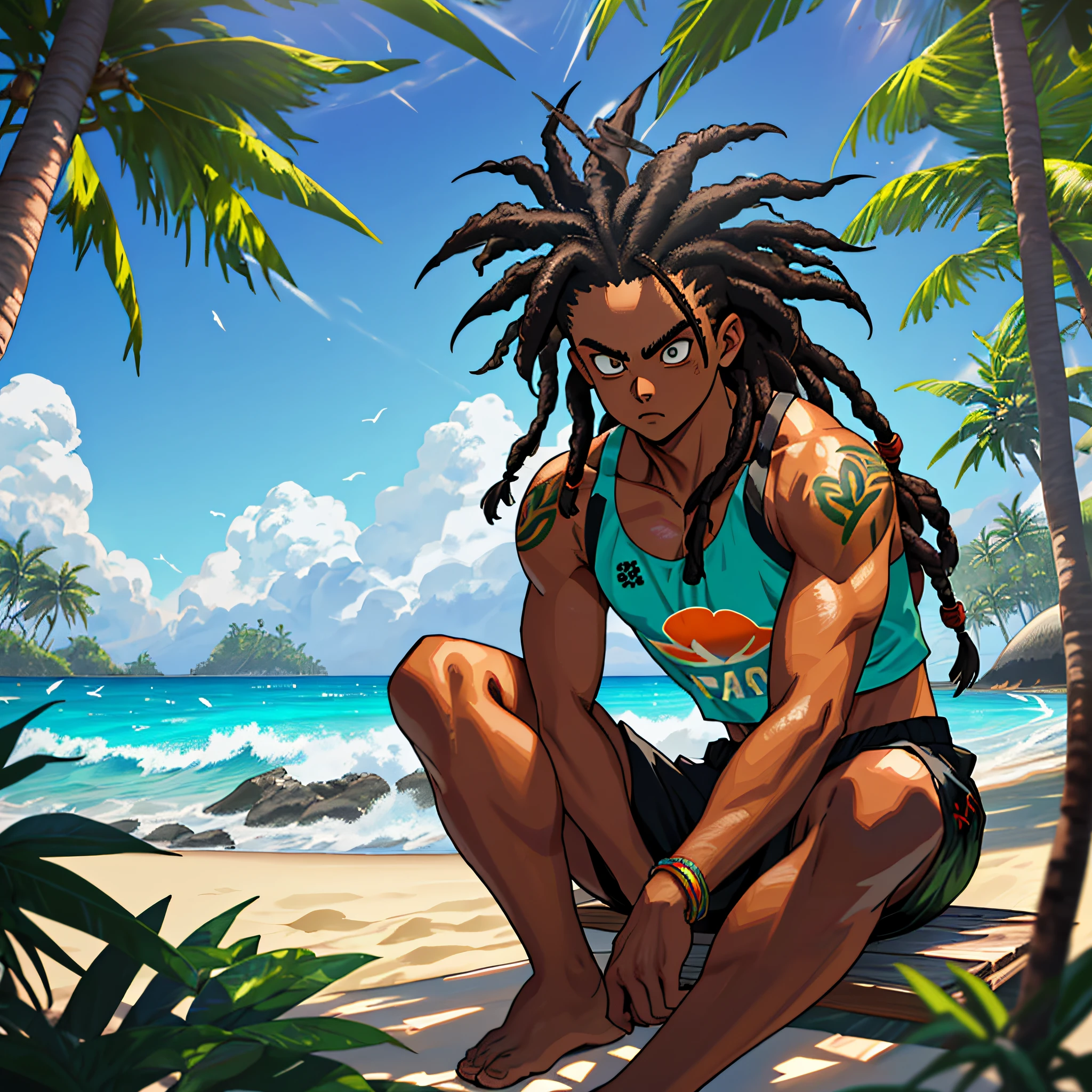 best quality, serious,Summer, sun, beach, coconut palms, swell sea, nature, light blue sky, island paradise, big waves, surfer surfing the big waves in the background, other surfers sitting on the boards, young boy sitting on the sand, under the shade of the coconut trees, beams of light illuminating his face, luiz nos olhos, cabelo longo negro com dreads, cabelo ondulado, pele bronzeada, garota linda de pele preta e cabelo cacheado de bikini ao seu lado, casal, homem e mulher, smoking a marijuana cigarette burning the ember releasing the smoke up, Thoughtful, looking down, black tank top, black surf shorts with coconut print details, anime style, dragon ball z, naruto, hunter x hunter, sand particles and sea air in the air, mystical, mysterious, natural atmosphere, sitting on the stone with moss and vegetation, flowers, boards buried in the sand of the beach in the background