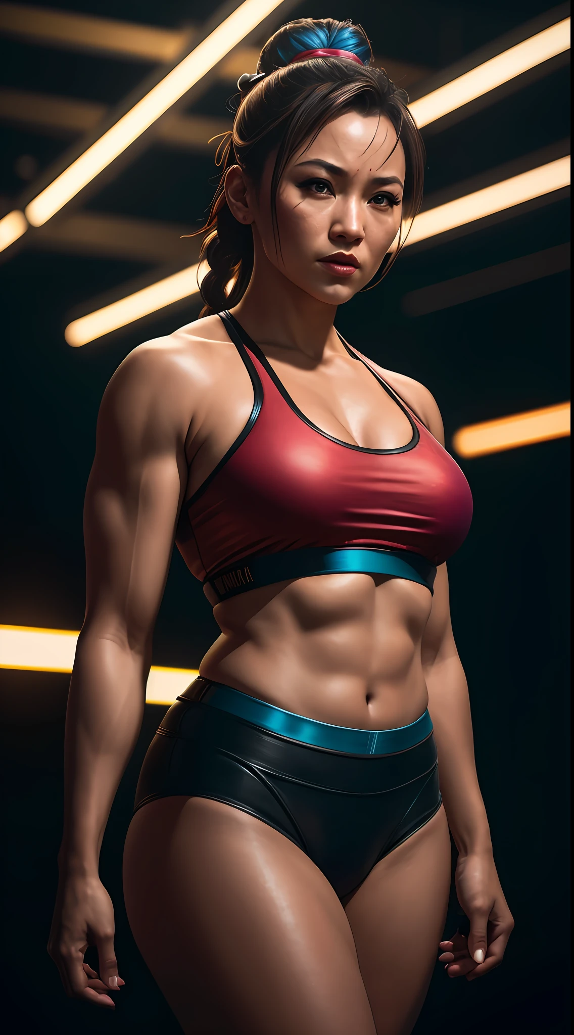 Masterpiece, Chun-Li, in a cage bustling with neon signs, cyberpunk aesthetics, very detailed lighting, dramatic, digital art trend in Artstation 8k HD high definition detailed realistic, detailed, skin texture, hyper detailed, realistic skin texture, armor, best quality, ultra high res, (photorealistic: 1.4), high resolution, detailed, Raw photo, Sharp Re, by Lee Jeffries Nikon D850 Film Stock Photography 4 Kodak Portra 400 Camera F1.6 Lens Rich Colors Hyper Realistic Realistic texture Dramatic lighting UnrealEngine trend in ArtStation Cinestill 800