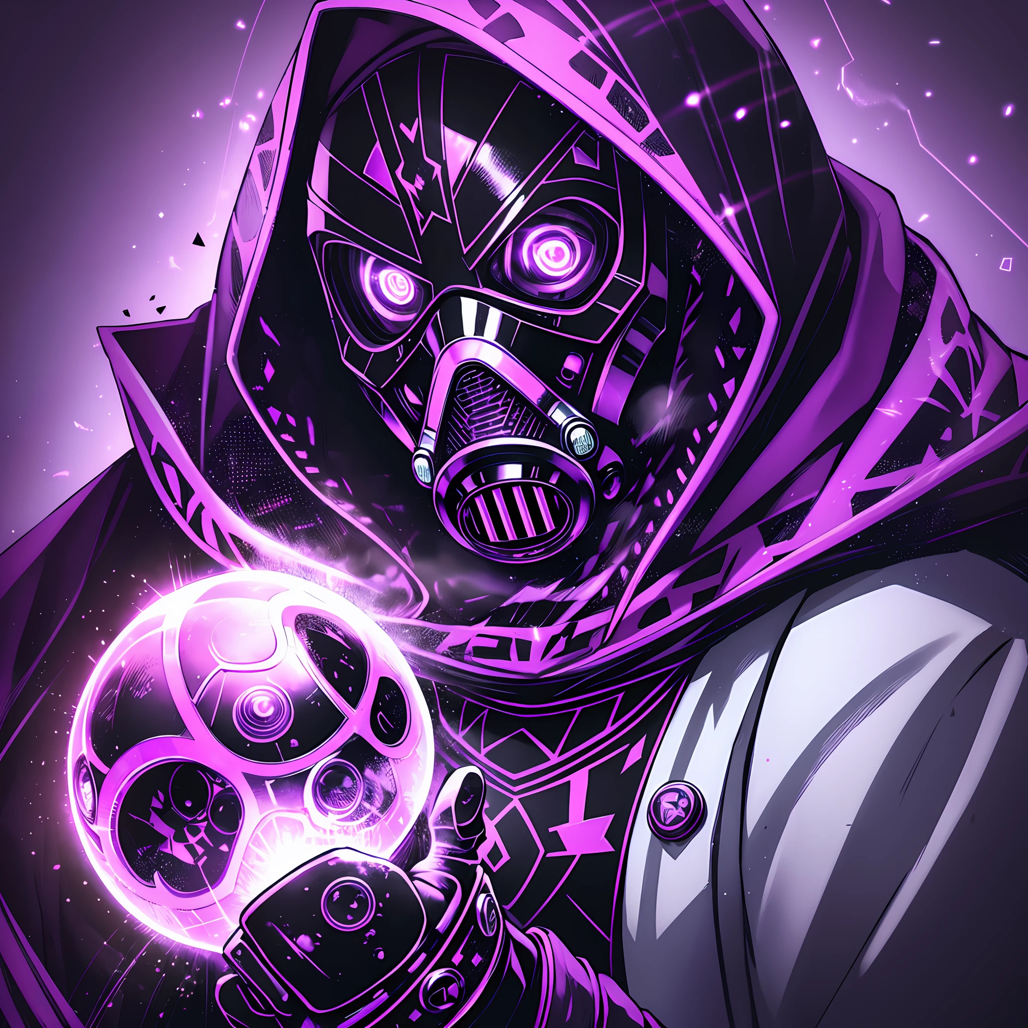 A man with gas mask with neon lights, looking at an unknown shiny object with engraving patterns, the object is black with grooves and engravings that reveal a white and shiny content, the object that he segura is a spherical artifact, white hood, gas mask, gas mask orange lights, X-shaped eyes, X-shaped eyes glowing orange, black gloves, white hood, bloodstained clothes, white clothes with blood, white coat, white vest, purple backdrop, purple background, purple walls, cartoon style --auto --s2