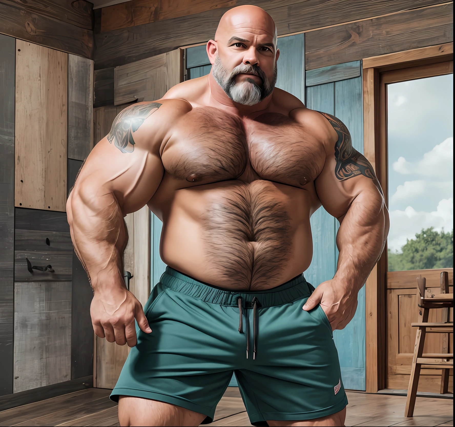 A portrait full body photograph A tractive Trucker, mid age bald Strong, muscular, hairy big belly, hairy chest and abdominal wearing a teared shorts showing his huge legs muscles, hairy pubis, in the style of light brown and teal, moody colors, curvilinear, textural layering, utilizes, velvia, media-savvy, sharp photo, HD, 8k --auto --s2