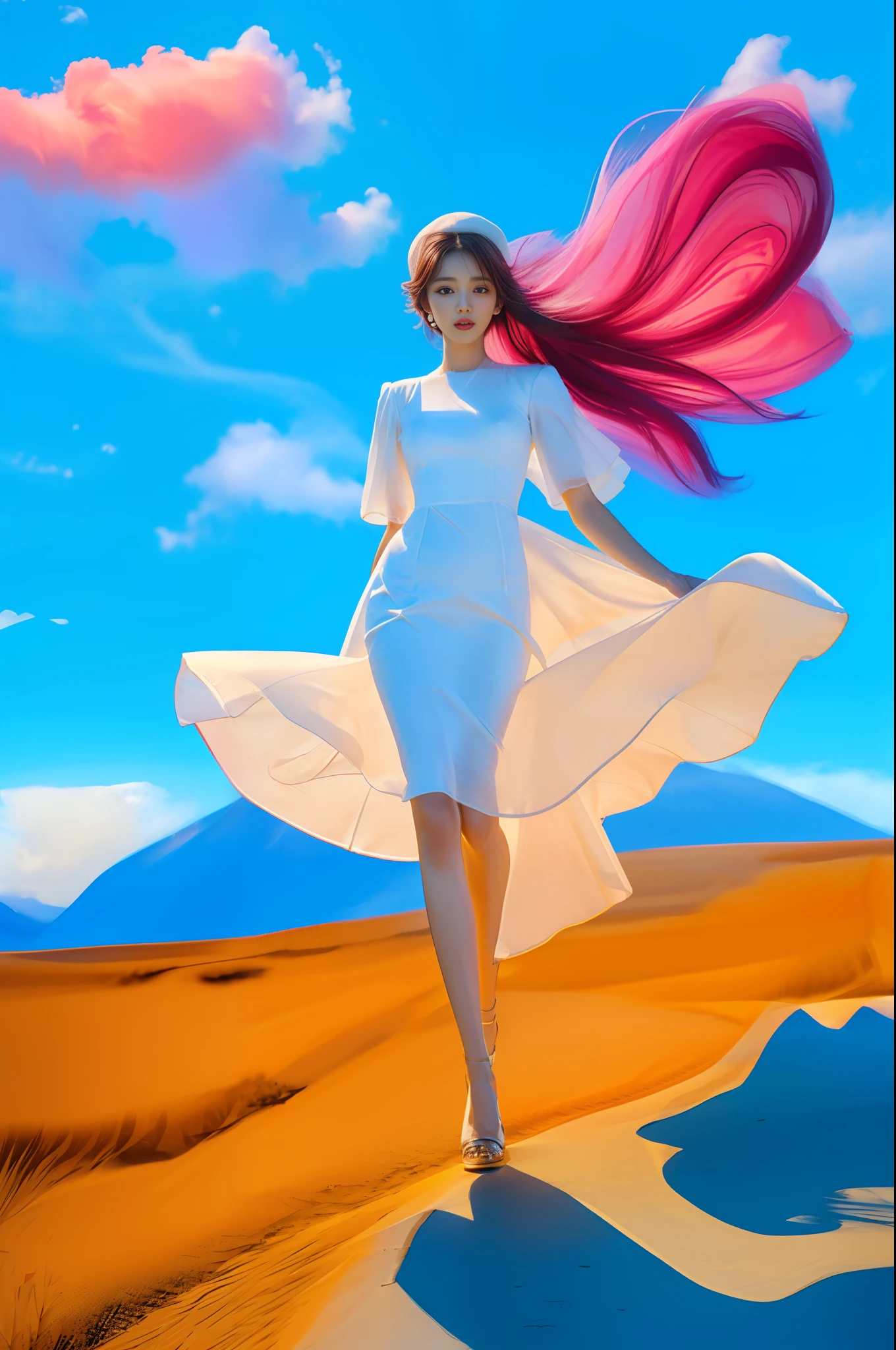 (8k, RAW photo, photorealistic:1.25), ( lip gloss, eyelashes, glossy side, shiny skin, best quality, ultra high resolution, depth of field, chromatic aberration, caustics, wide light, natural shadows, headwear, Kpop idol), (dreamy and romantic compositions: 1.5), light pink style, 1girl, (sky witch: 1.5), tall and thin beauty goddess, flowing dress, conservative girl, cloud goddess, flowing white fabric, wearing flowing dress, realistic, blue sky on background, (wind: 1.5), (full body: 1.5), add_detail,