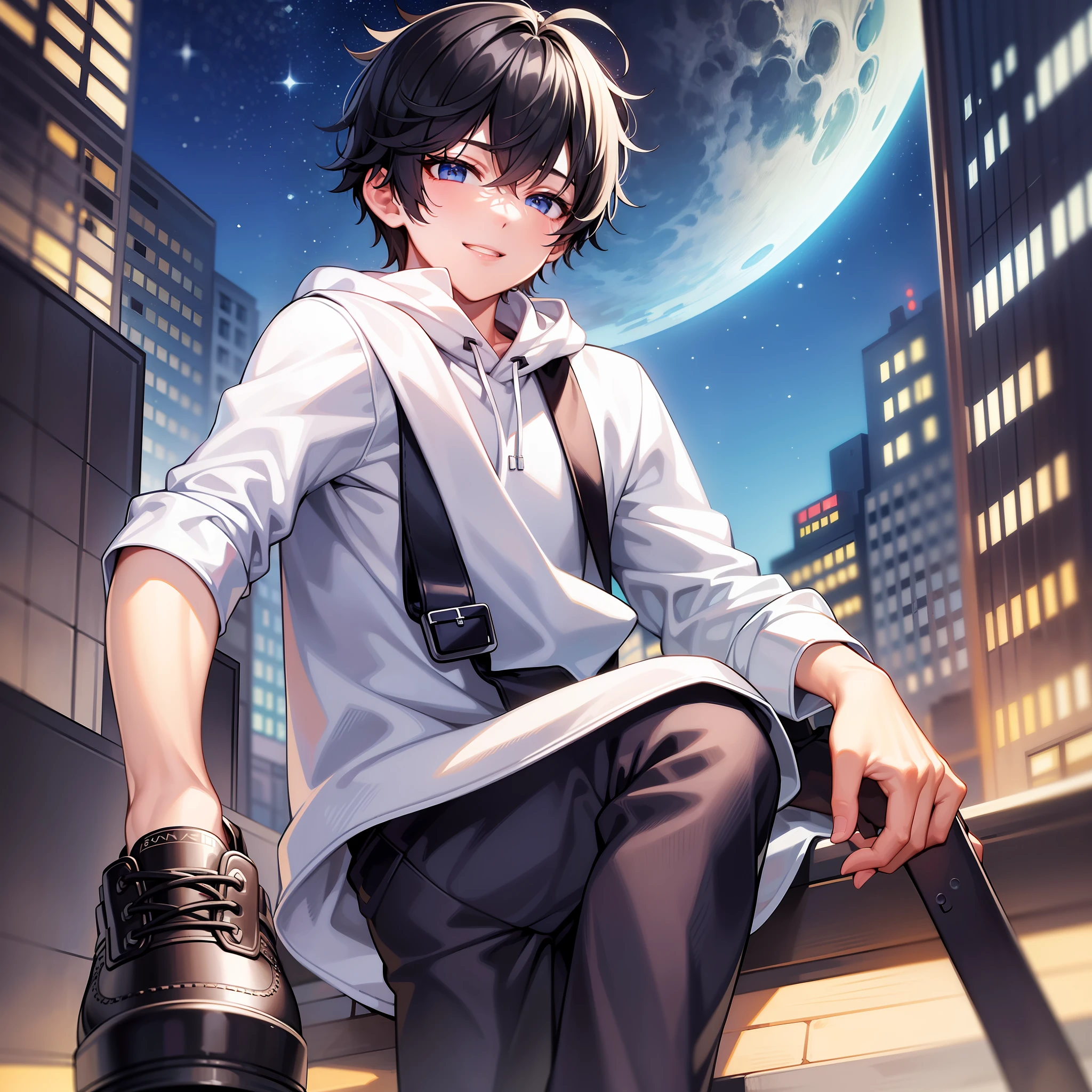 ((masterpiece, top quality)), 1 boy, solo, pants, smile, black hair, hood, chupa chups, night, city, white shirt, camera gaze,