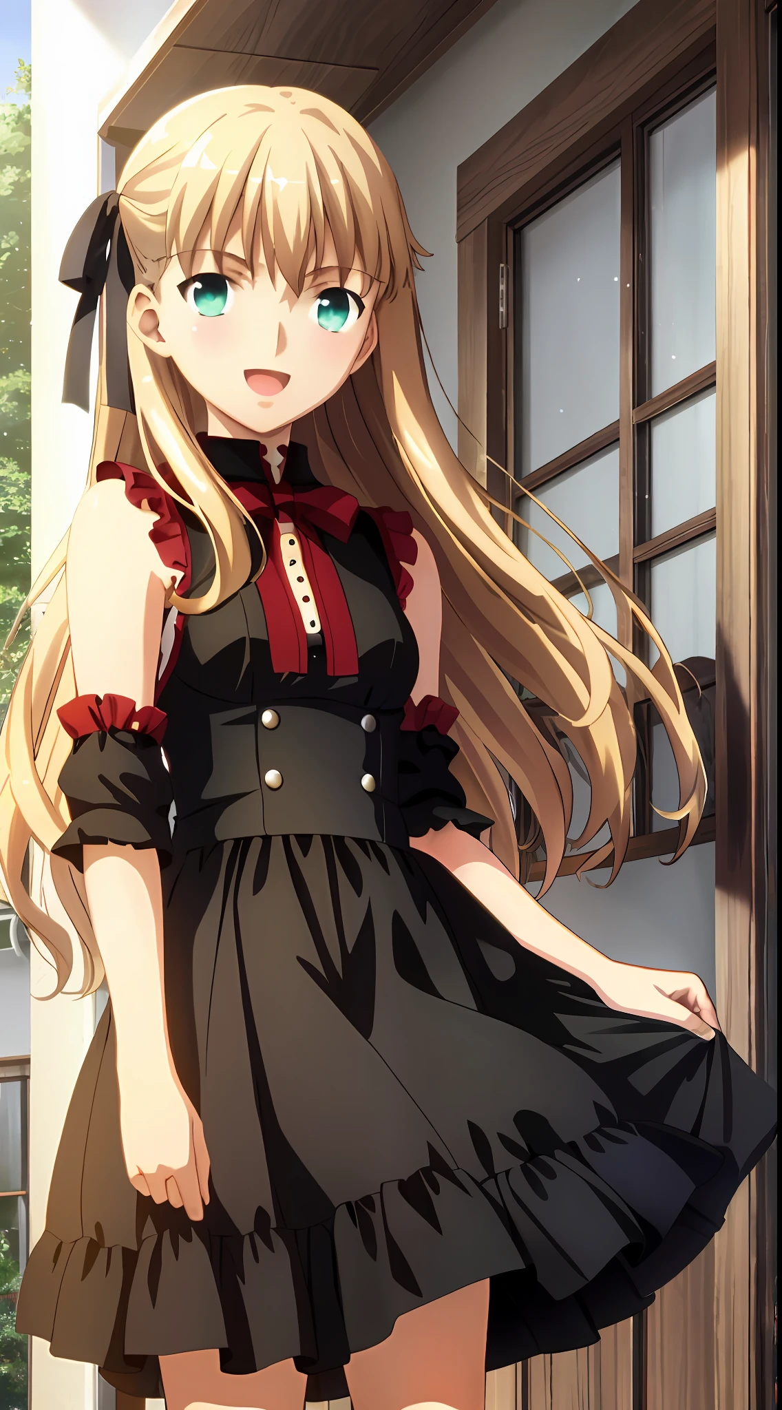 (masterpiece, best quality, ultra resolution, high-res, ufotable screen cap, official art, closeup), a cute teen girl, 1girl, solo, blonde very long hair, green eyes, detailed eyes, beautiful detailed eyes, detailed hands, sleeveless white shirt, black skirt, (small breasts, Loli:1.2), open mouth, big smile, happy, cute, looking at viewer, indoors, very very cute