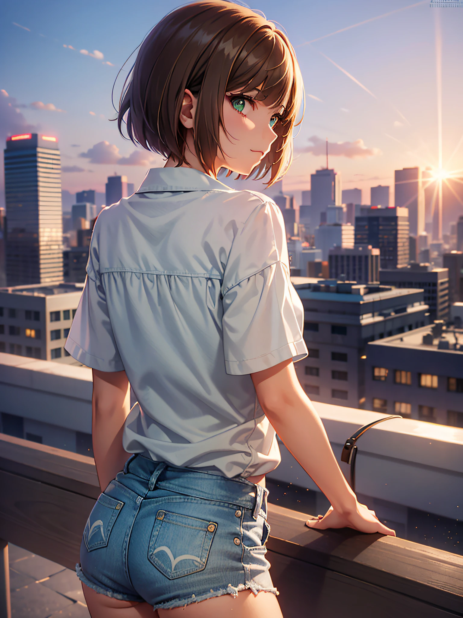 girl wearing a casual outfit, hands on railing, on a roof garden overlooking sunset, green eyes, brown hair, short hair, bob cut, (smug), anime style, anime, glowing light, cinematic lighting, from behind, lens flare, overexposure, UHD, masterpiece, 8k, high quality, high details, best quality