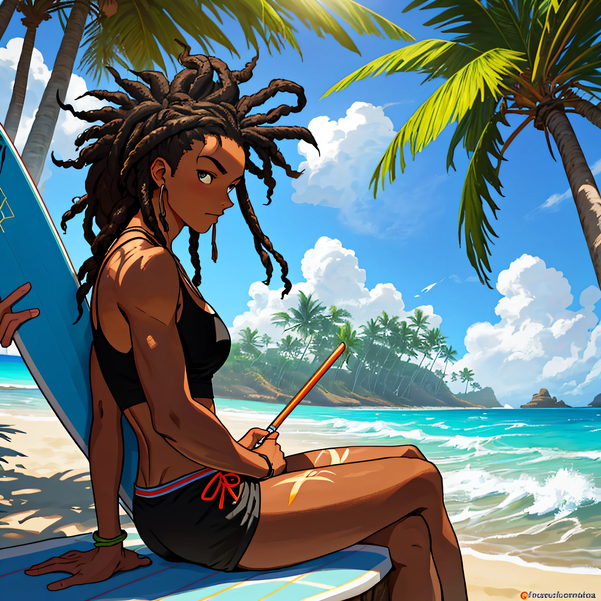 best quality, serious,Summer, sun, beach, coconut palms, swell sea, nature, light blue sky, island paradise, big waves, surfer surfing the big waves in the background, other surfers sitting on the boards, young boy sitting on the sand, under the shade of the coconut trees, beams of light illuminating his face, luiz nos olhos, cabelo longo negro com dreads, cabelo ondulado, pele bronzeada, garota linda de bikini ao seu lado, casal, homem e mulher, garota sexy de bikini, garota negra de pele escura, garota de bikini, garota de cabelo cacheado, cabelo black power, pele negra e cabelo black, smoking a marijuana cigarette burning the ember releasing the smoke up, Thoughtful, looking down, black tank top, black surf shorts with coconut print details, anime style, dragon ball z, sand particles and sea air in the air, mystical, mysterious, natural atmosphere, sitting on the stone with moss and vegetation, flowers, boards buried in the sand of the beach in the background