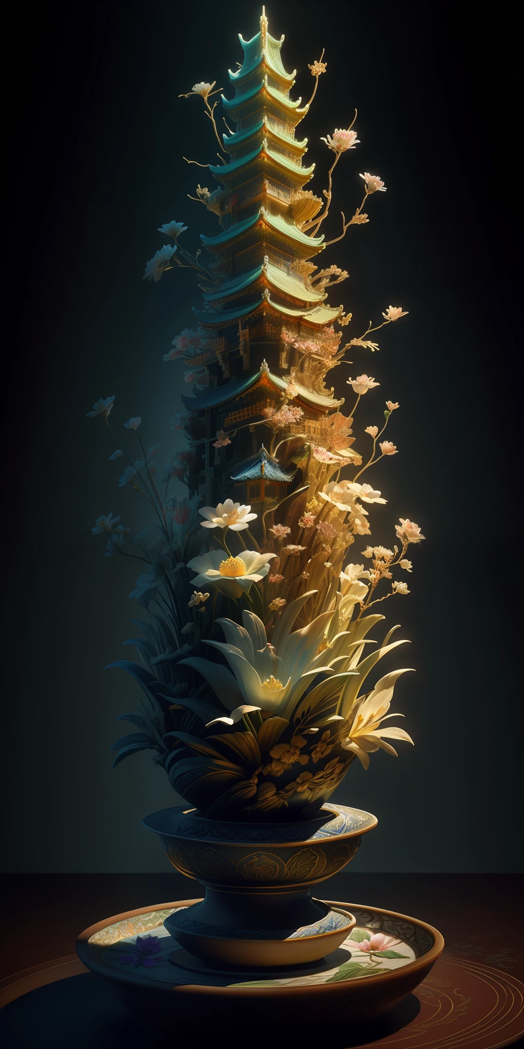 best quality, realistic, photorealistic,  ultra detailed, "Mountain of Flower and Fruit+Fairy+Chinese Architecture" highly detailed carving on "southern ice" porcelain,Ultra wide angle,Accent Lighting,Volumetric Lighting,backlighting, (detailed light),((an extremely delicate and beautiful)),dramatic_shadow,ray_tracing,hdr