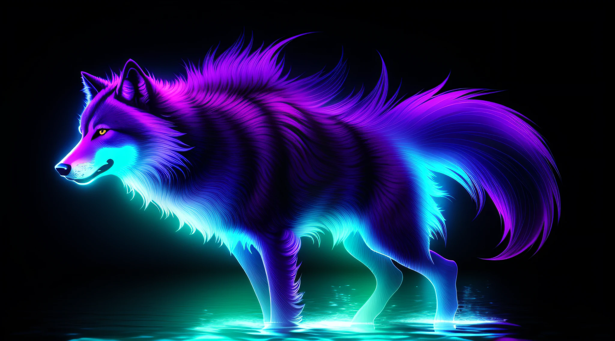 a close up of a wolf with a bright purple tail, wallpaper 4k, wallpaper 4 k, ultraviolet and neon colors, hd wallpaper, blue and purple fur, wallpaper hd, glowing and epic, purple and blue neon, purple and blue colored, neon light and fantasy, neon glowing, amazing wallpaper, neon digital art, 3840x2160