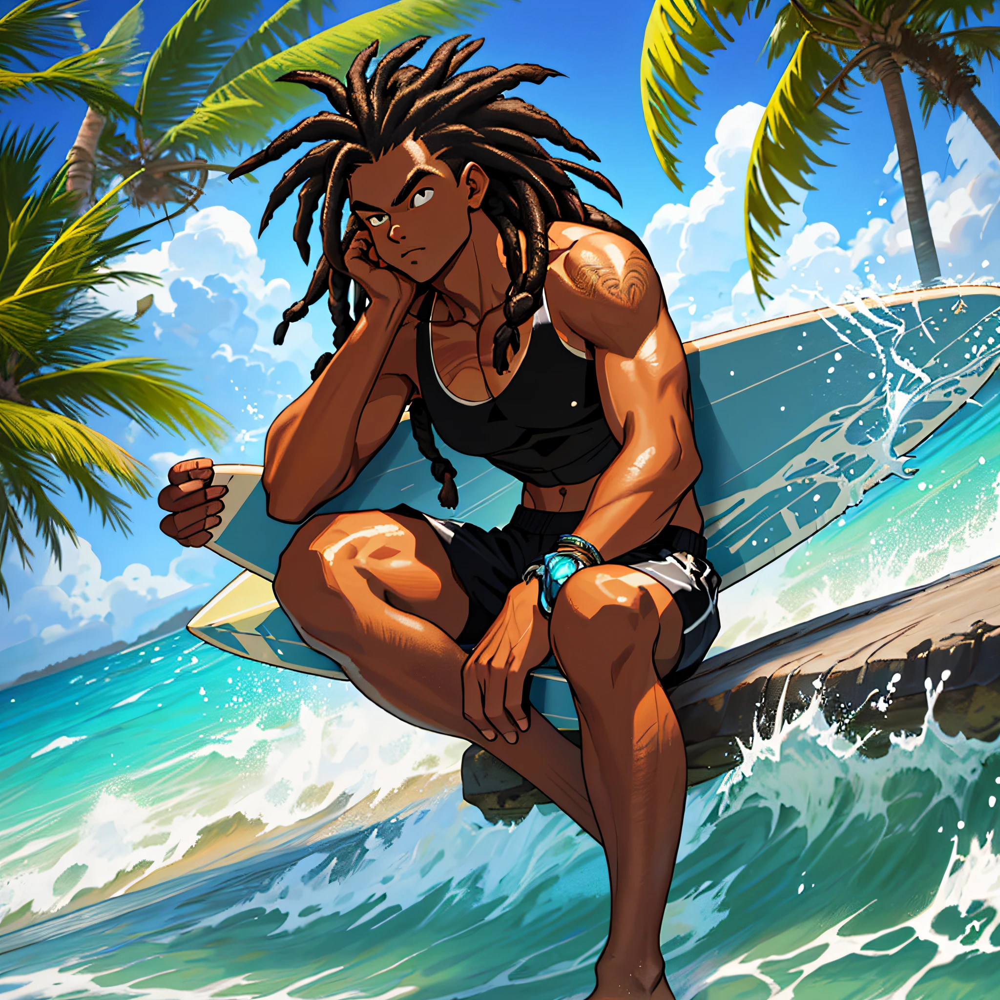 best quality, serious,Summer, sun, beach, coconut palms, swell sea, nature, light blue sky, island paradise, big waves, surfer surfing the big waves in the background, other surfers sitting on the boards, young boy sitting on the sand, under the shade of the coconut trees, beams of light illuminating his face, luiz nos olhos, cabelo longo negro com dreads, cabelo ondulado, pele bronzeada, garota linda de bikini ao seu lado, casal, homem e mulher, garota sexy de bikini, garota negra de pele escura, garota de bikini, garota de cabelo cacheado, cabelo black power, pele negra e cabelo black, smoking a marijuana cigarette burning the ember releasing the smoke up, Thoughtful, looking down, black tank top, black surf shorts with coconut print details, anime style, dragon ball z, sand particles and sea air in the air, mystical, mysterious, natural atmosphere, sitting on the stone with moss and vegetation, flowers, boards buried in the sand of the beach in the background