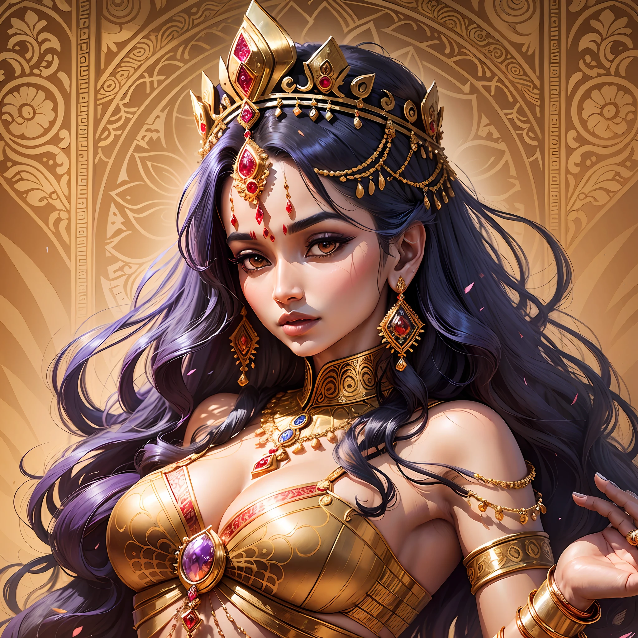 Queen Sri Kestra of Beikthano is depicted as a regal and elegant figure. She is adorned in intricate traditional attire, reflecting the rich cultural heritage of her kingdom. Her attire features vibrant colors and intricate patterns, symbolizing her status and influence. She wears a crown embellished with precious gemstones, signifying her royal lineage. Queen Sri Kestra has a dignified and graceful presence, exuding confidence and wisdom. Her facial features are defined by a serene expression, reflecting her leadership and compassion. Her hairstyle is elaborate, adorned with ornamental hair accessories that further emphasize her status and beauty. Overall, Queen Sri Kestra embodies the essence of royalty and commands respect through her appearance and regal demeanor. --auto --s2