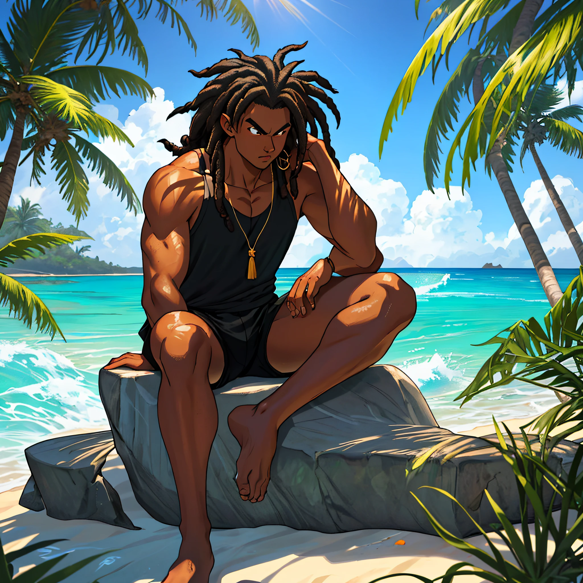 best quality, serious,Summer, sun, beach, coconut palms, swell sea, nature, light blue sky, island paradise, big waves, surfer surfing the big waves in the background, other surfers sitting on the boards, young boy sitting on the sand, under the shade of the coconut trees, beams of light illuminating his face, luiz nos olhos, cabelo longo negro com dreads, cabelo ondulado, pele bronzeada, garota linda de bikini ao seu lado, casal, homem e mulher, garota sexy de bikini, garota negra de pele escura, garota de bikini, garota de cabelo cacheado, cabelo black power, pele negra e cabelo black, smoking a marijuana cigarette burning the ember releasing the smoke up, Thoughtful, looking down, black tank top, black surf shorts with coconut print details, anime style, dragon ball z, sand particles and sea air in the air, mystical, mysterious, natural atmosphere, sitting on the stone with moss and vegetation, flowers, boards buried in the sand of the beach in the background