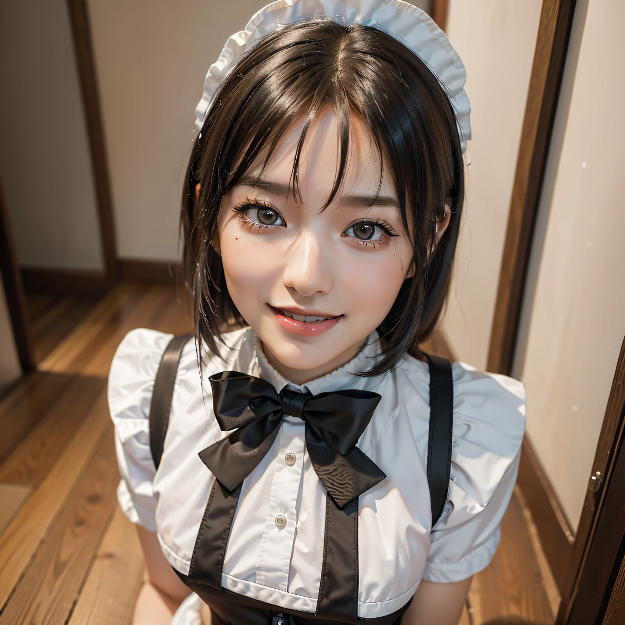 (realistic, photo-realistic:1.37), (masterpiece), (best quality:1.4), (ultra high res:1.2),(RAW photo:1.2), (sharp focus:1.3), (face focus:1.2), vibrant details, hyperrealistic, (elegant), from above,cowboy shot,Photo of Pretty japanese woman,slim,slender waist,medium hair,(maid cosplay:1.5), (25yo:1.1), (happy smile:1.35),BREAK, bed room, bangs, beautiful detailed eyes, makeup, looking at viewer, (cute), (soft lighting), finely detail,