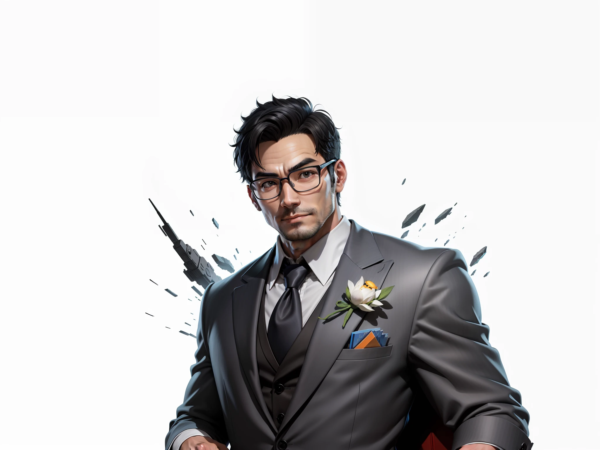 Super young, Japanese suit man, 35 years old, silver glasses, slightly chubby face, clean face, no beard on chin, black super short hair, black eyes, black suit, blue tie, confident smile, digital painting, film, 3D character design by Mark Claireden and Pixar and Hayao Miyazaki, the illustration is a high-definition illustration in 4K resolution with very detailed facial features and cartoon-style visuals.