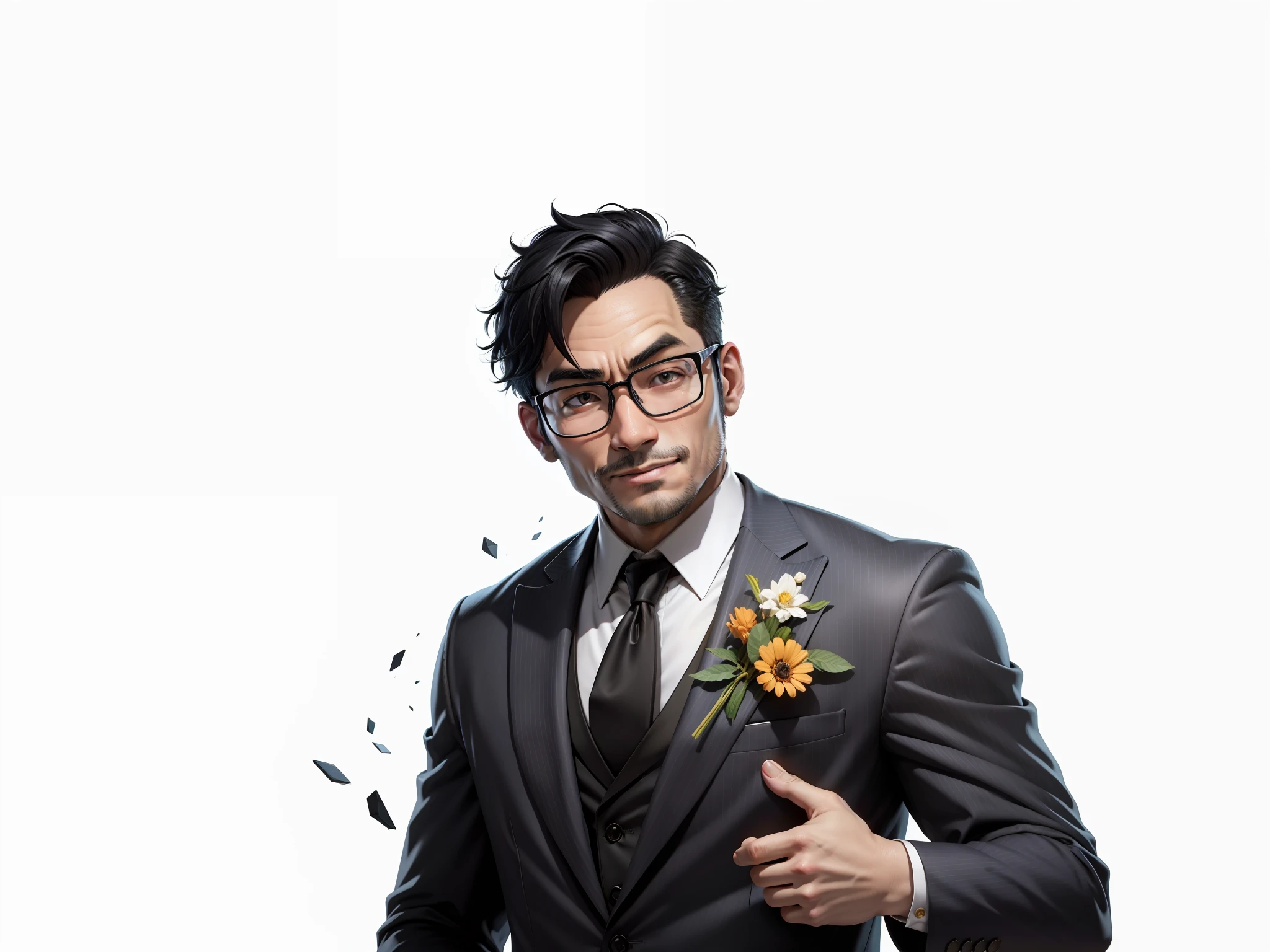 Super young, Japanese suit man, 35 years old, silver glasses, slightly chubby face, clean face, no beard on chin, black super short hair, black eyes, black suit, blue tie, confident smile, digital painting, film, 3D character design by Mark Claireden and Pixar and Hayao Miyazaki, the illustration is a high-definition illustration in 4K resolution with very detailed facial features and cartoon-style visuals.