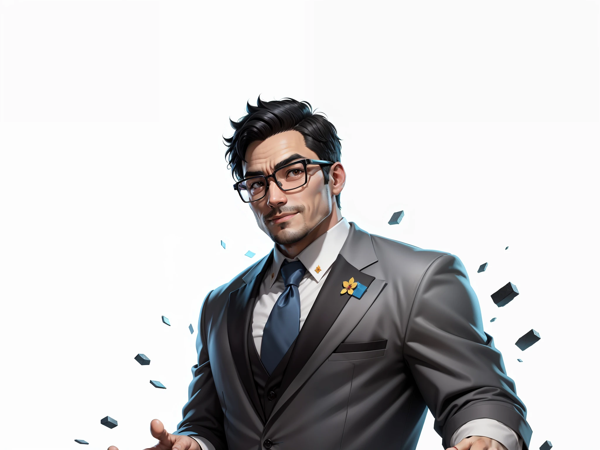Super young, Japanese suit man, 35 years old, silver glasses, slightly chubby face, clean face, no beard on chin, black super short hair, black eyes, black suit, blue tie, confident smile, digital painting, film, 3D character design by Mark Claireden and Pixar and Hayao Miyazaki, the illustration is a high-definition illustration in 4K resolution with very detailed facial features and cartoon-style visuals.
