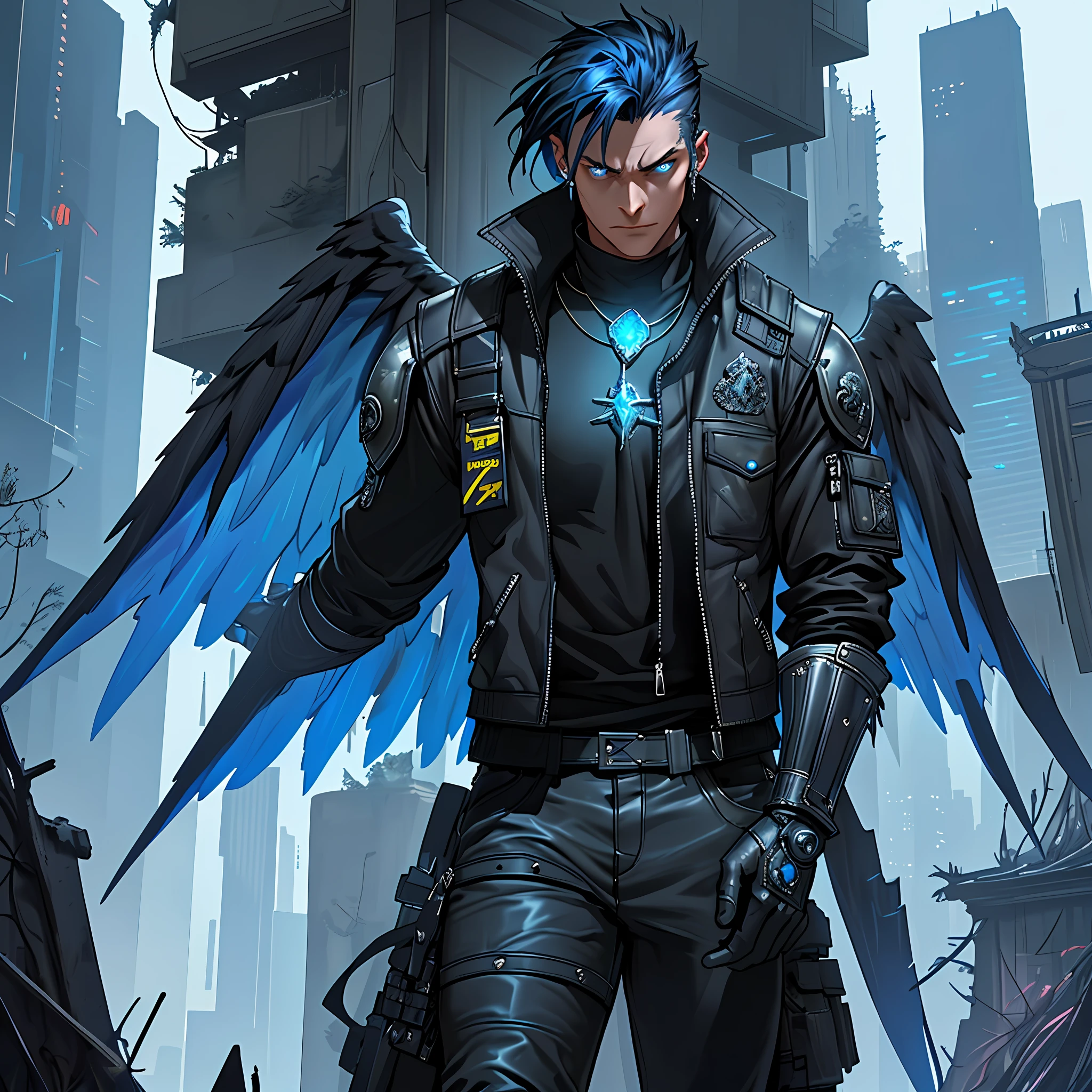 A boy, Fantasy, mystery, dark blue hair, silver look, black leather jacket, cyberpunk, medieval, metal armor, high boots, silver accessories, retractable wings, mystical katana, neon, abandoned skyscraper, futuristic city, holograms, combat prowess, balance, dystopia, technology, determination, danger, enigma, complex, messy hairstyle, metal gloves, engraved symbols, gem necklace, black pants, leather vest,  stylistic elements, mystical powers, textures, pockets, piercing gaze, shocking scene, flight, protection, vibrant city, uncertain future, unique character, energetic aura, hidden meaning, epic story, mechanical wings, black-bladed sword, distinctive style, mythology, jobs, elements, food, objects, animals, movies, special abilities, mystery, combat, technological artifacts, conflict, heroism, dark, bright, determined, epic, enigmatic,  imposing, futuristic, distortion.