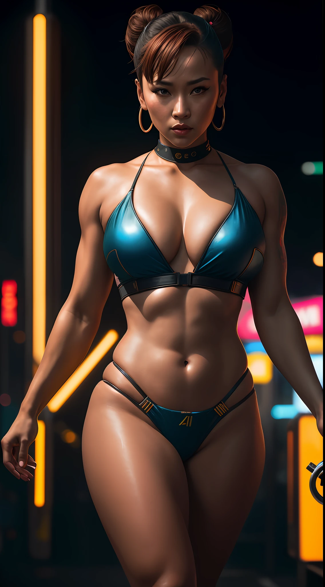 Masterpiece, full body, Chun-Li, in a cage bustling with neon signs, cyberpunk aesthetics, very detailed lighting, dramatic, digital art trend in Artstation 8k HD detailed high definition realistic, detailed, skin texture, hyper detailed, realistic skin texture, armor, best quality, ultra high res, (photorealistic: 1.4), high resolution, detailed, Raw photo, Sharp Re, by Lee Jeffries Nikon D850 Film Stock Photography 4 Kodak Portra 400 Camera F1.6 Lens Rich Colors Hyper Realistic Realistic texture Dramatic lighting UnrealEngine trend in ArtStation Cinestill 800