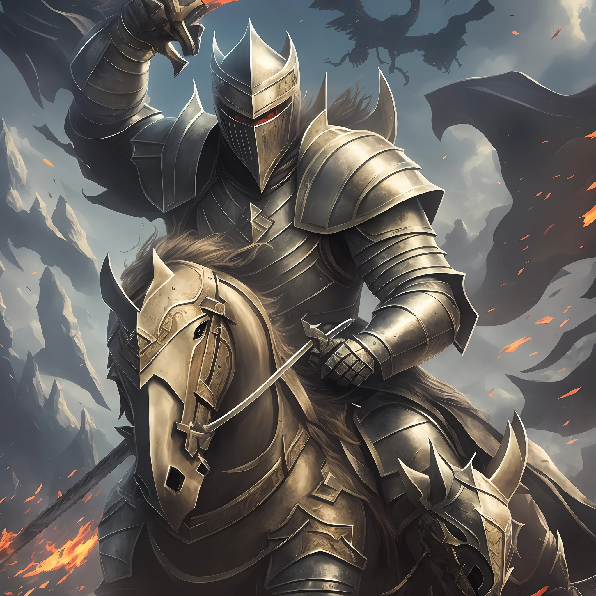 A knight with a sword on horseback faces a huge monster --auto --s2