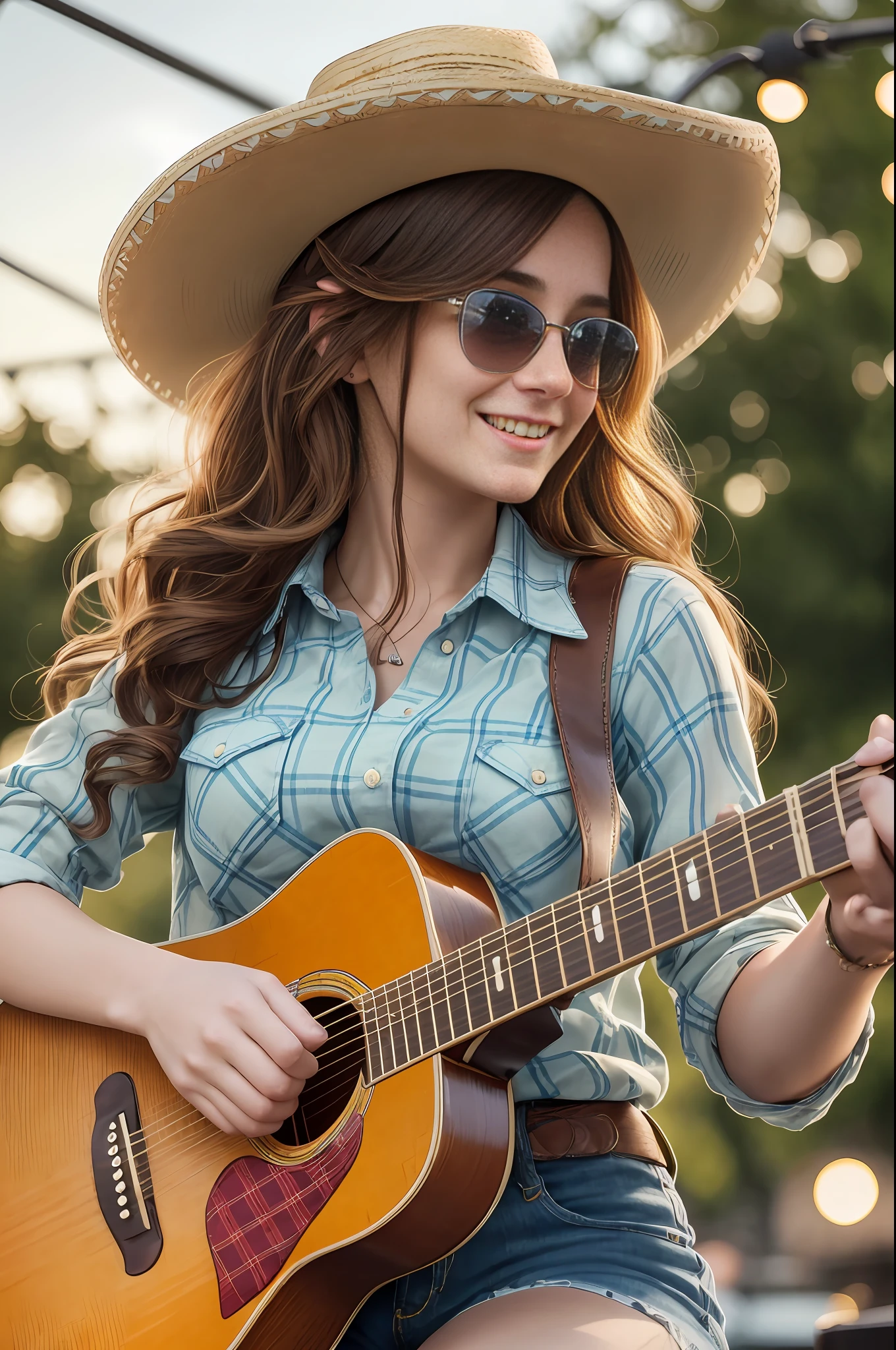 absurdres, RAW photo, highest quality, (masterpiece: 1.3), high detail RAW color photo, professional photo, extremely detailed CG 8k wallpaper unit, photo-realistic, realistic, RAW photo, masterpiece, best quality, highres,
1girl, 19 YEARS OLD, white, reddish brown hair, wavy, Average length, random hairstyle, beautiful body, thin legs, perfect beautiful face, beautiful light green realistic eyes, fair skin, detailed skin texture, very small natural breasts. Smiling. She looks amazing. Playing guitar in a country band. (Cowboy hat, plaid shirt, Ray Ban glasses, simple design). Concert hall at night.