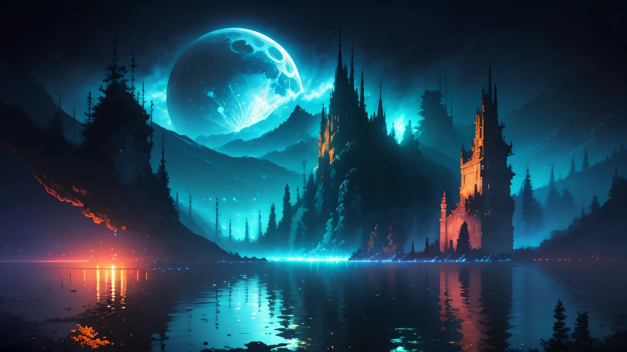 a painting of a river with a full moon in the background, digital art inspired by Andreas Rocha, pixiv contest winner, fantasy art, magical landscape, magical environment, beautiful anime scenery, detailed dreamscape, beautiful anime scene, night scenery, magical dream-like atmosphere, moonlit starry sky environment, anime landscape wallpaper, anime background art, painting of a dreamscape, Surrealism, high detail, from below, from below, Hyperrealism, Impressionism, anime, UHD, award winning, 4K, anatomically correct, super detail, best quality, highres, high quality, masterpiece