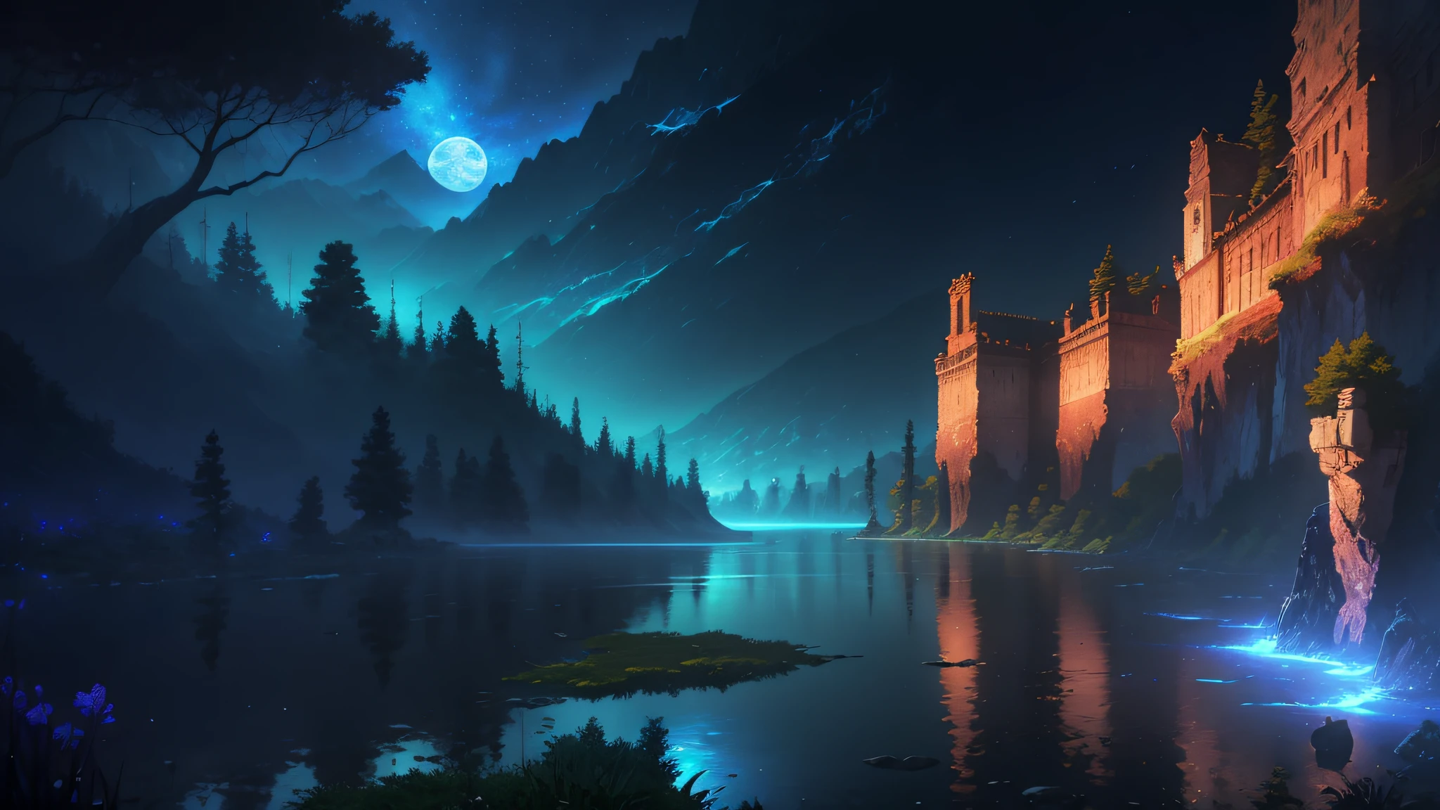 a painting of a river with a full moon in the background, digital art inspired by Andreas Rocha, pixiv contest winner, fantasy art, magical landscape, magical environment, beautiful anime scenery, detailed dreamscape, beautiful anime scene, night scenery, magical dream-like atmosphere, moonlit starry sky environment, anime landscape wallpaper, anime background art, painting of a dreamscape, Surrealism, high detail, from below, from below, Hyperrealism, Impressionism, anime, UHD, award winning, 4K, anatomically correct, super detail, best quality, highres, high quality, masterpiece