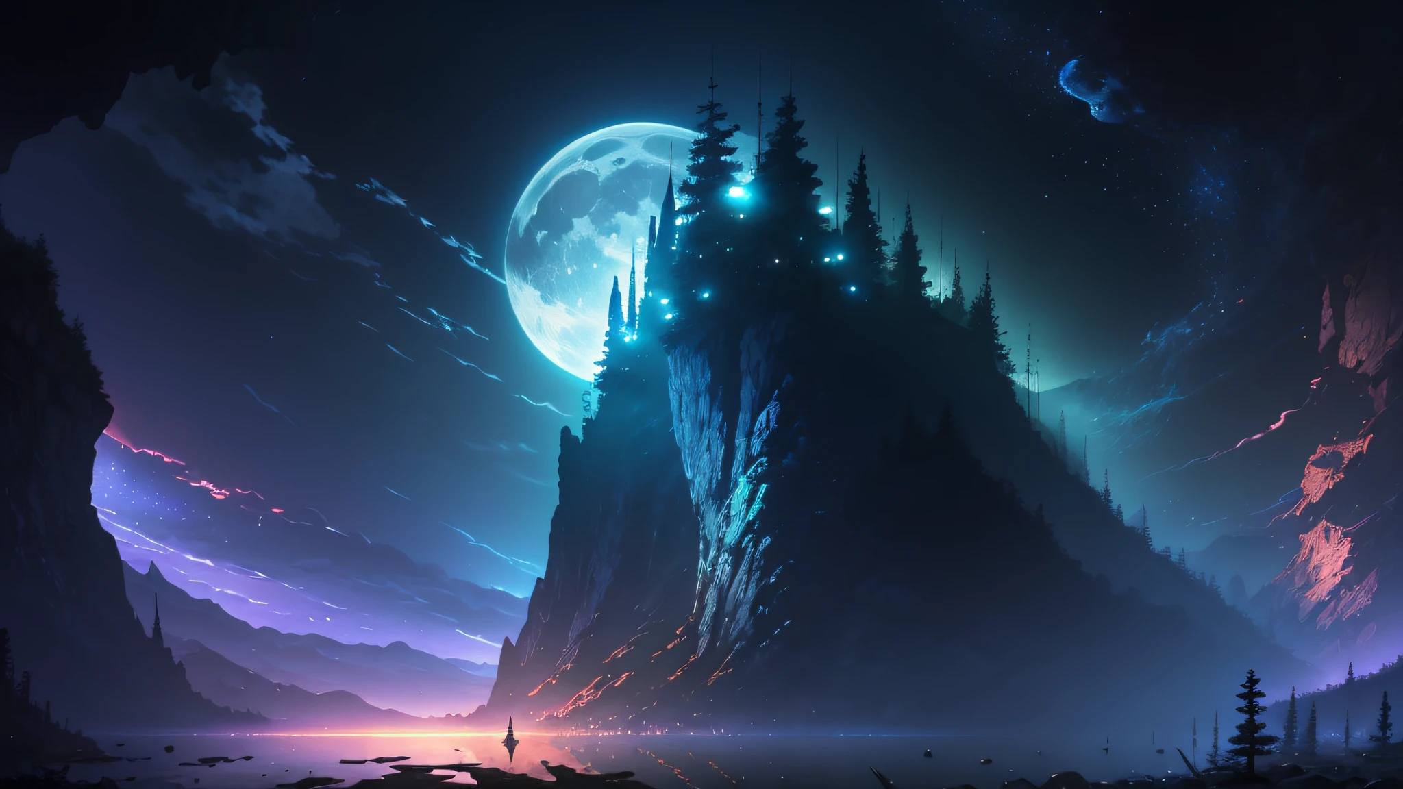 a painting of a river with a full moon in the background, digital art inspired by Andreas Rocha, pixiv contest winner, fantasy art, magical landscape, magical environment, beautiful anime scenery, detailed dreamscape, beautiful anime scene, night scenery, magical dream-like atmosphere, moonlit starry sky environment, anime landscape wallpaper, anime background art, painting of a dreamscape, Surrealism, high detail, from below, from below, Hyperrealism, Impressionism, anime, UHD, award winning, 4K, anatomically correct, super detail, best quality, highres, high quality, masterpiece