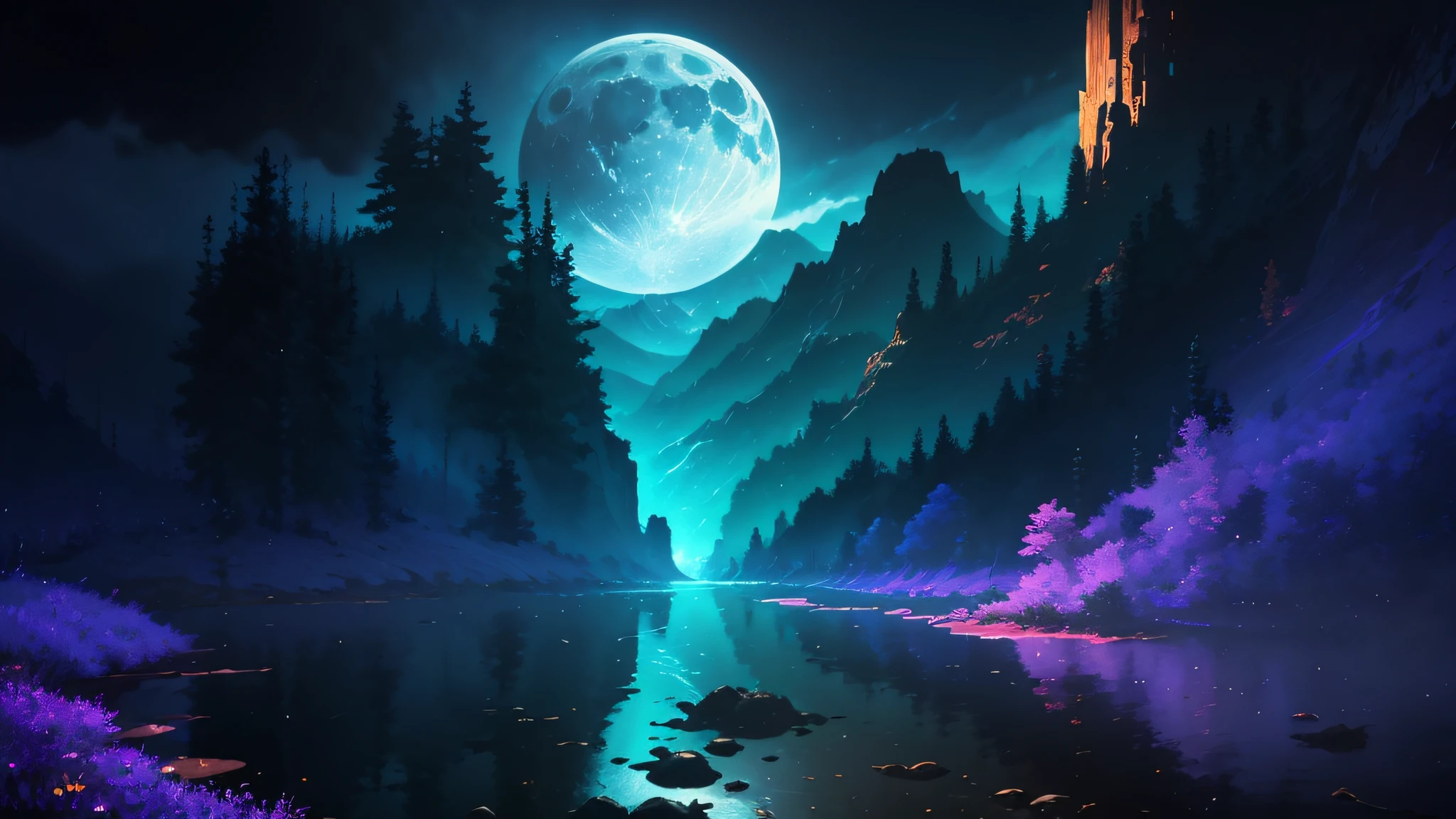 a painting of a river with a full moon in the background, digital art inspired by Andreas Rocha, pixiv contest winner, fantasy art, magical landscape, magical environment, beautiful anime scenery, detailed dreamscape, beautiful anime scene, night scenery, magical dream-like atmosphere, moonlit starry sky environment, anime landscape wallpaper, anime background art, painting of a dreamscape, Surrealism, high detail, from below, from below, Hyperrealism, Impressionism, anime, UHD, award winning, 4K, anatomically correct, super detail, best quality, highres, high quality, masterpiece