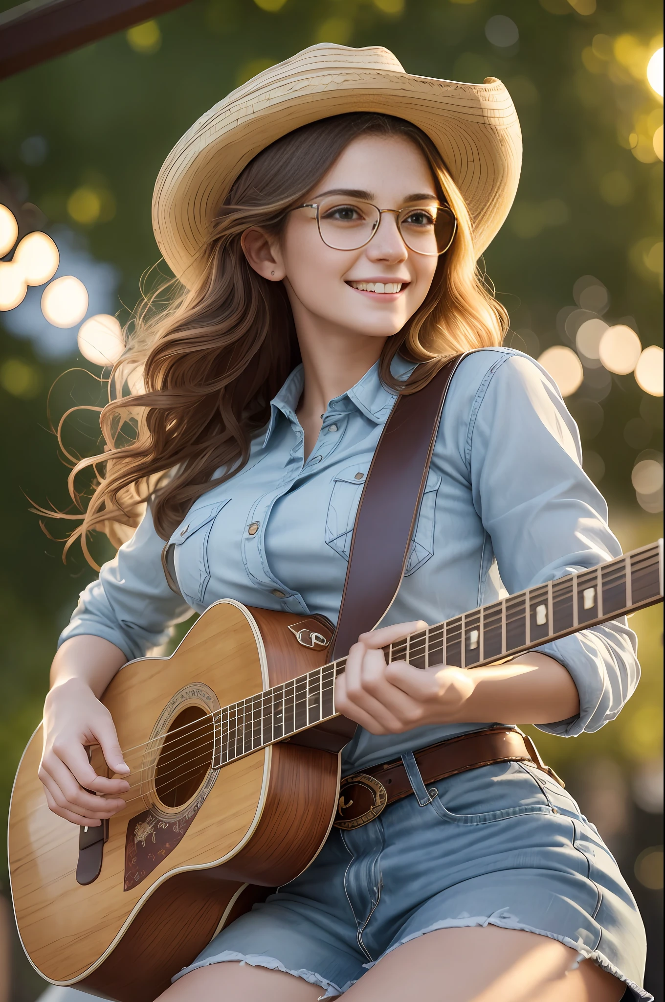 absurdres, RAW photo, highest quality, (masterpiece: 1.3), high detail RAW color photo, professional photo, extremely detailed CG 8k wallpaper unit, photo-realistic, realistic, RAW photo, masterpiece, best quality, highres,
1girl, 19 YEARS OLD, white, reddish brown hair, wavy, Average length, random hairstyle, beautiful body, thin legs, perfect beautiful face, beautiful light green realistic eyes, fair skin, detailed skin texture, very small natural breasts. Smiling. She looks amazing. Playing guitar in a country band. (Cowboy hat, plaid shirt, Ray Ban glasses, simple design). Concert hall at night.