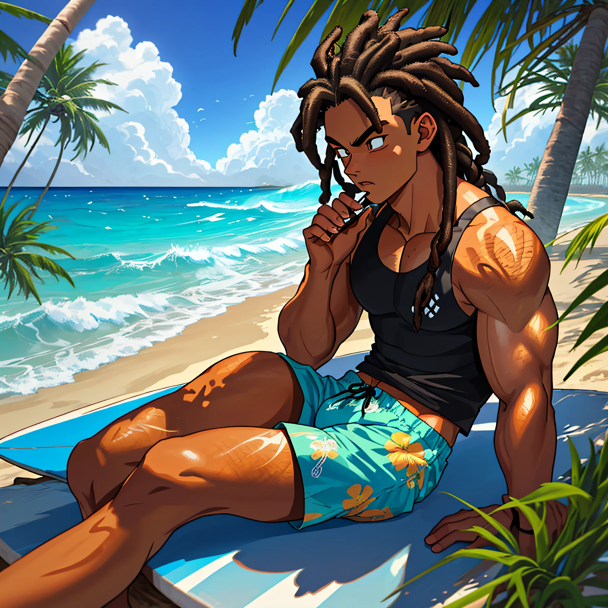 best quality, serious,Summer, sun, beach, coconut palms, swell sea, nature, light blue sky, island paradise, big waves, surfer surfing the big waves in the background, other surfers sitting on the boards, young boy sitting on the sand, under the shade of the coconut trees, beams of light illuminating his face, luiz nos olhos, cabelo longo negro com dreads, cabelo ondulado, pele bronzeada, garota linda de bikini ao seu lado, smoking a marijuana cigarette burning the ember releasing the smoke up, Thoughtful, looking down, black tank top, black surf shorts with coconut print details, anime style, dragon ball z, sand particles and sea air in the air, mystical, mysterious, natural atmosphere, sitting on the stone with moss and vegetation, flowers, boards buried in the sand of the beach in the background