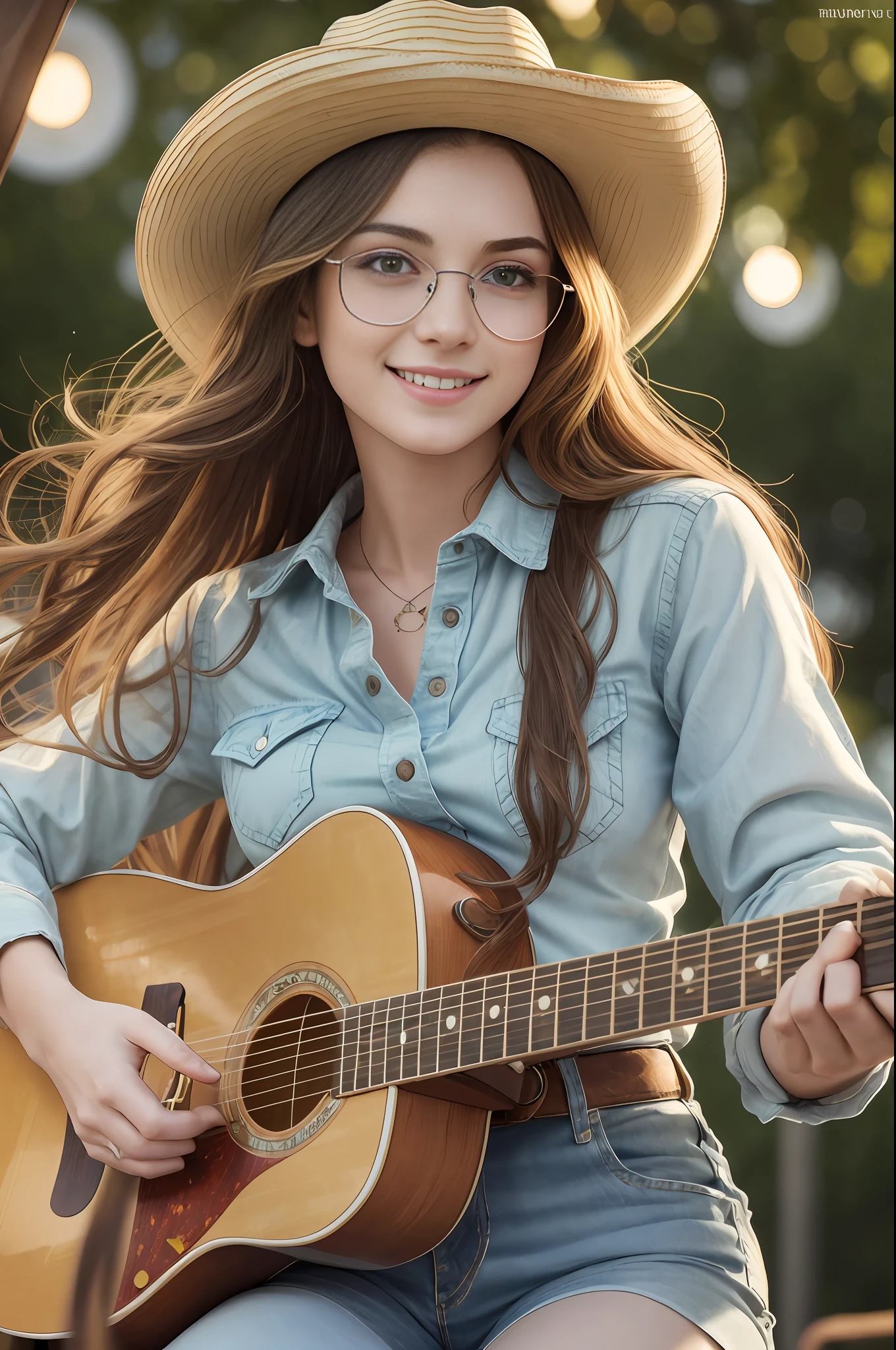 absurdres, RAW photo, highest quality, (masterpiece: 1.3), high detail RAW color photo, professional photo, extremely detailed CG 8k wallpaper unit, photo-realistic, realistic, RAW photo, masterpiece, best quality, highres,
1girl, 19 YEARS OLD, white, reddish brown hair, wavy, Average length, random hairstyle, beautiful body, thin legs, perfect beautiful face, beautiful light green realistic eyes, fair skin, detailed skin texture, very small natural breasts. Smiling. She looks amazing. Playing guitar in a country band. (Cowboy hat, plaid shirt, Ray Ban glasses, simple design). Concert hall at night.