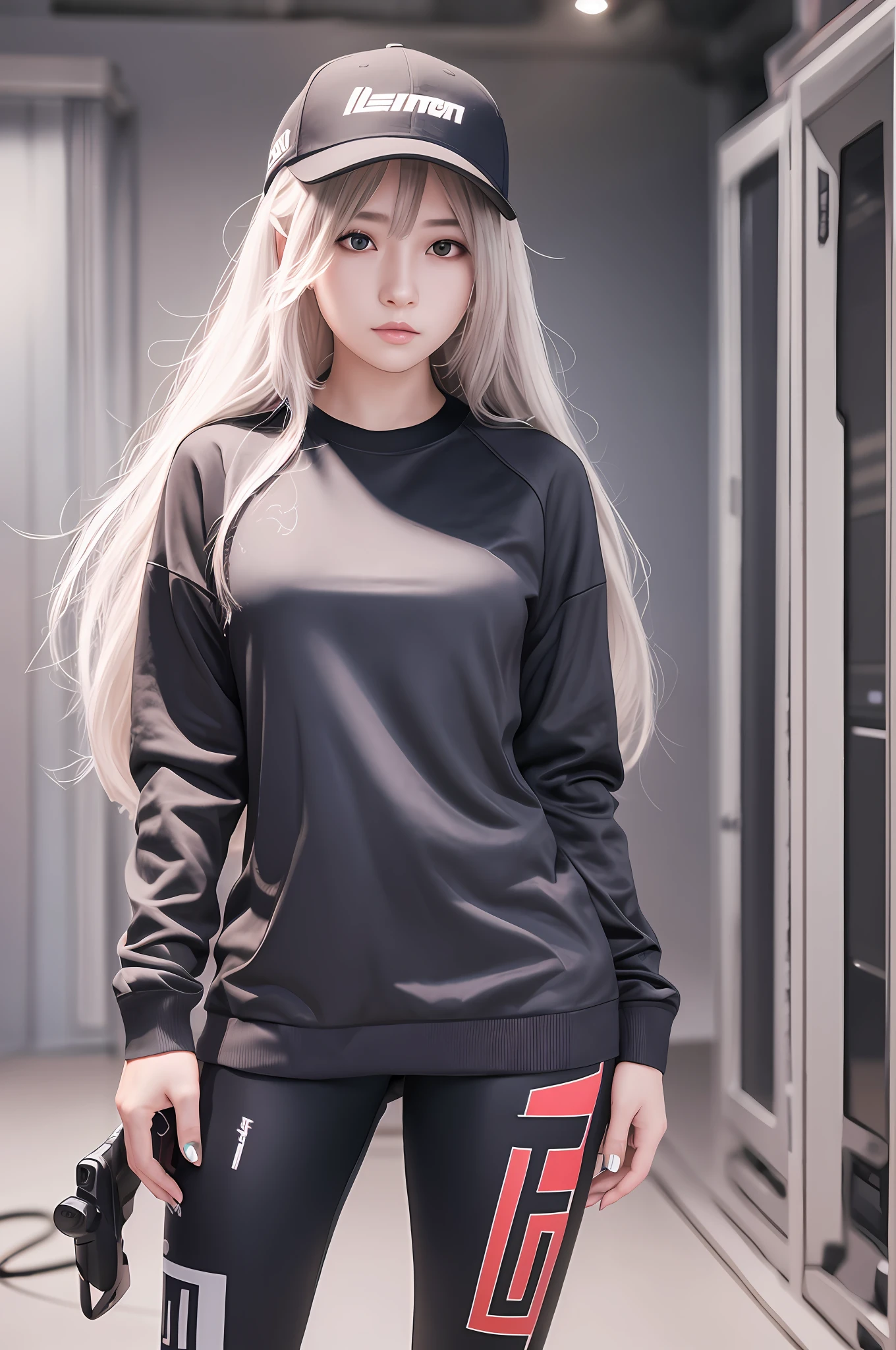 4k, realistic, very detail, there is a girl playing game, she is a pro player, gamer theme, soft clothes, long hair, wearing legging, 25 years old, full body