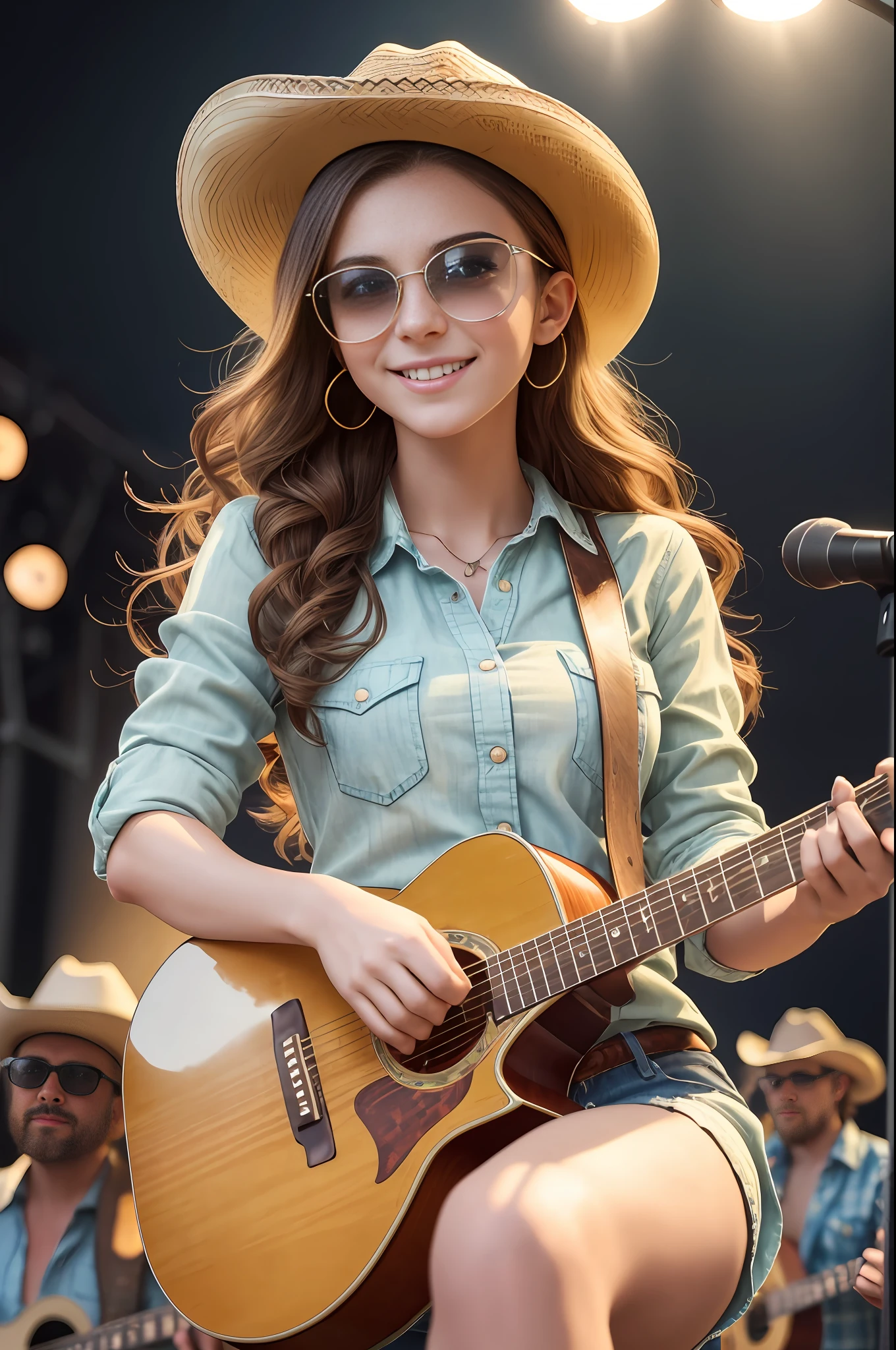 absurdres, RAW photo, highest quality, (masterpiece: 1.3), high detail RAW color photo, professional photo, extremely detailed CG 8k wallpaper unit, photo-realistic, realistic, RAW photo, masterpiece, best quality, highres,
1girl, 19 YEARS OLD, white, reddish brown hair, wavy, Average length, random hairstyle, beautiful body, thin legs, perfect beautiful face, beautiful light green realistic eyes, fair skin, detailed skin texture, very small natural breasts. Smiling. She looks amazing. Playing guitar in a country band. (Cowboy hat, plaid shirt, Ray Ban glasses, simple design). Concert hall at night.