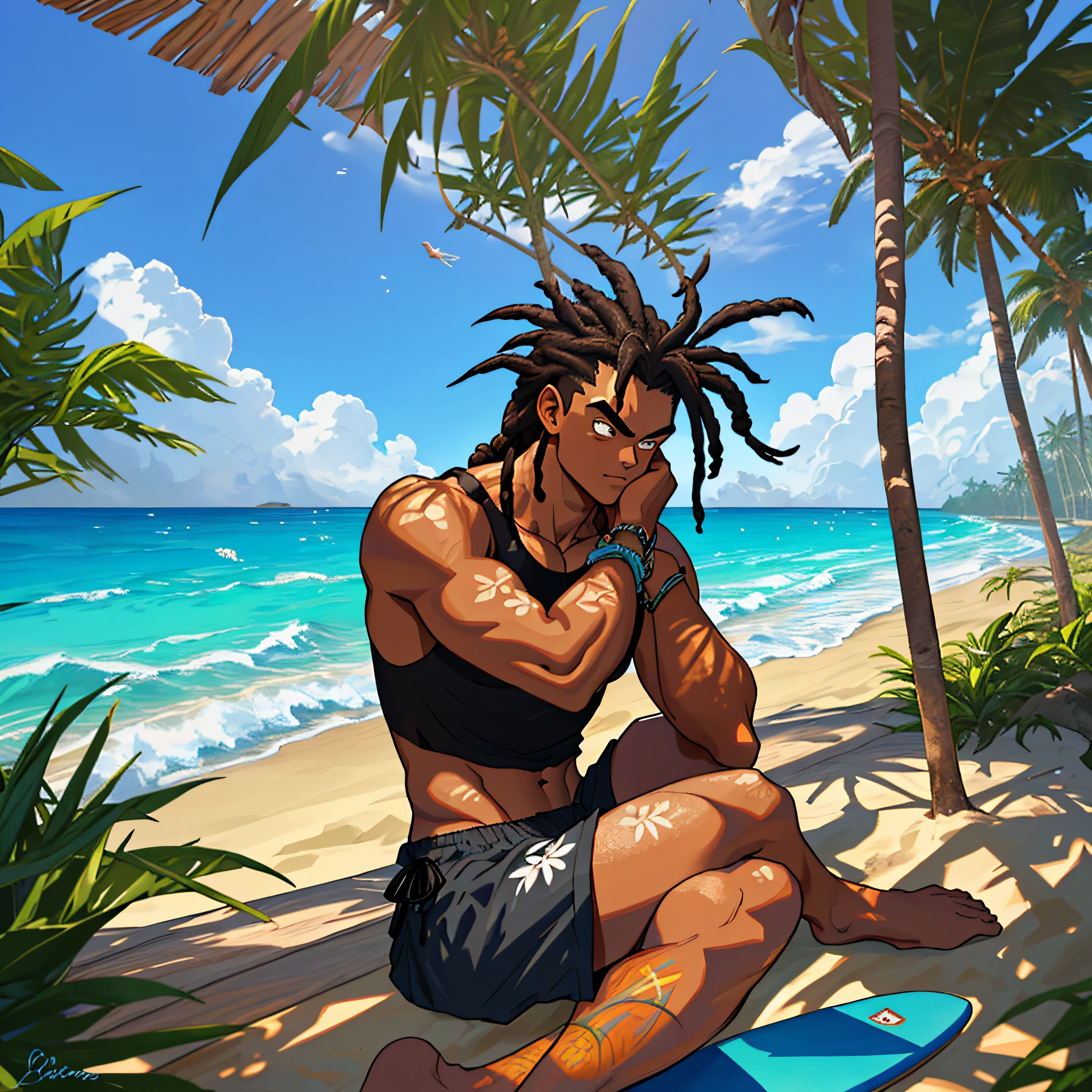 best quality, serious,Summer, sun, beach, coconut palms, swell sea, nature, light blue sky, island paradise, big waves, surfer surfing the big waves in the background, other surfers sitting on the boards, young boy sitting on the sand, under the shade of the coconut trees, beams of light illuminating his face, luiz nos olhos, cabelo longo negro com dreads, cabelo ondulado, pele bronzeada, garota linda de bikini ao seu lado, smoking a marijuana cigarette burning the ember releasing the smoke up, Thoughtful, looking down, black tank top, black surf shorts with coconut print details, anime style, dragon ball z, sand particles and sea air in the air, mystical, mysterious, natural atmosphere, sitting on the stone with moss and vegetation, flowers, boards buried in the sand of the beach in the background