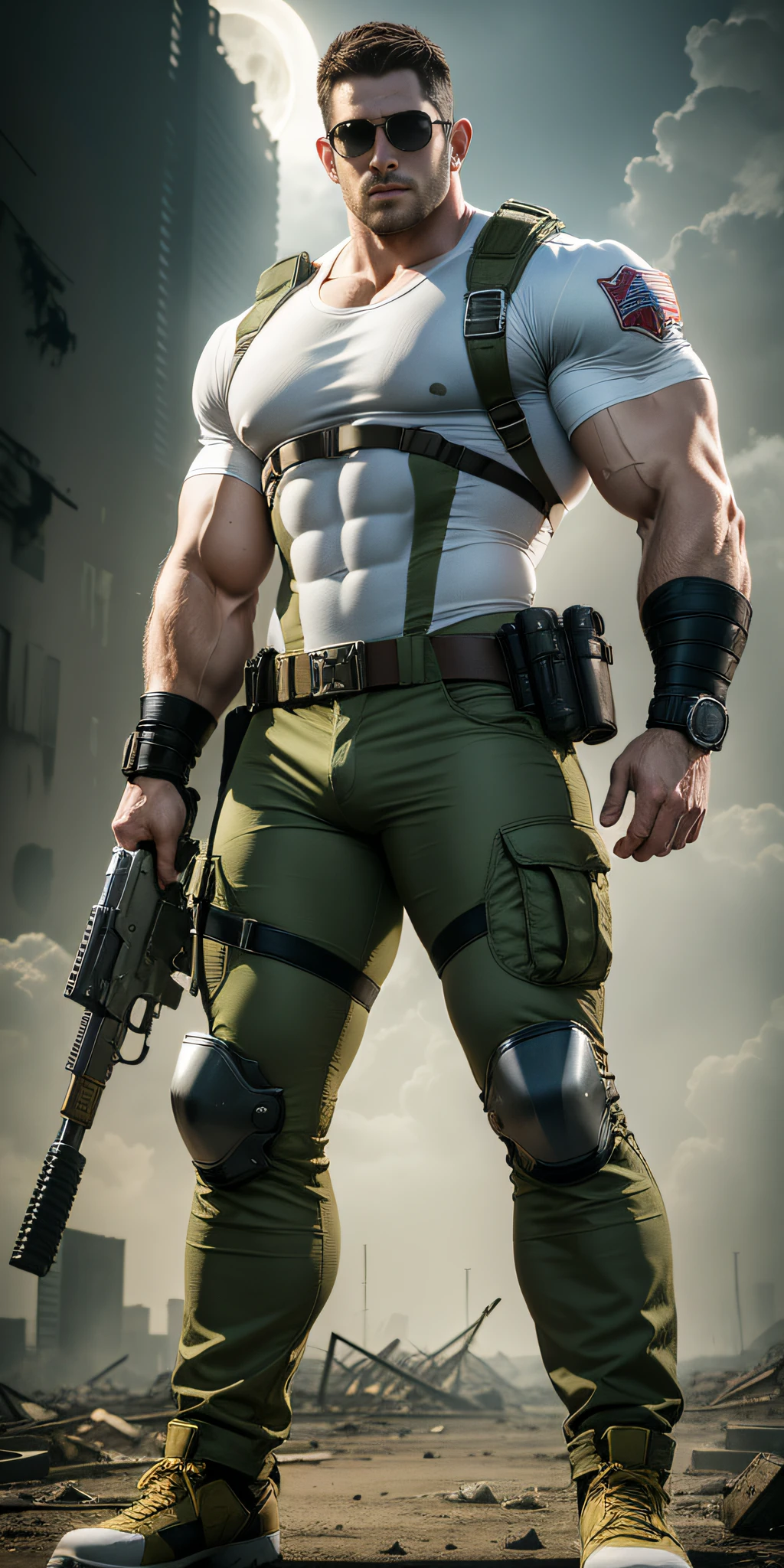 Movie poster, character design (Resident Evil - Chris Redfield, Chris Redfield) wearing a milky white combat uniform, standing alone in the ruins of the apocalypse, with a sad expression, muscular male hero, heroic male pose, tall and burly, muscular! Wearing sunglasses, sexy charming muscular leg muscles, tall burly, creamy white combat suit, super gain and cool, high resolution committee, cream white combat boots, attractive strong male, bright moonlight on the body, lonely