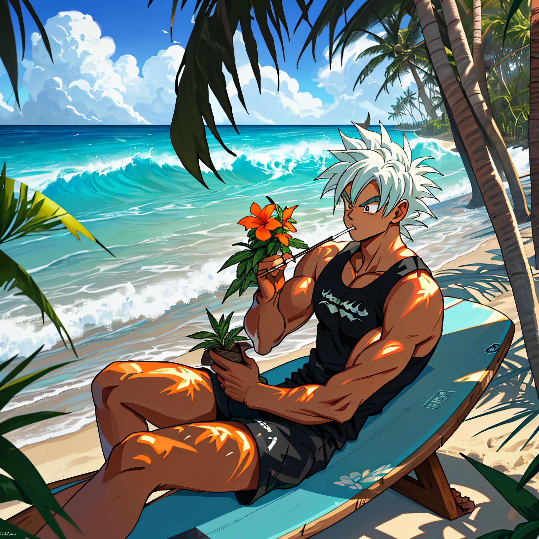 best quality, serious,Summer, sun, beach, coconut palms, swell sea, nature, light blue sky, island paradise, big waves, surfer surfing the big waves in the background, other surfers sitting on the boards, young boy sitting on the sand, under the shade of the coconut trees, beams of light illuminating his face, smoking a marijuana cigarette burning the ember releasing the smoke up, Thoughtful, looking down, black tank top, black surf shorts with coconut print details, anime style, dragon ball z, sand particles and sea air in the air, mystical, mysterious, natural atmosphere, sitting on the stone with moss and vegetation, flowers, boards buried in the sand of the beach in the background