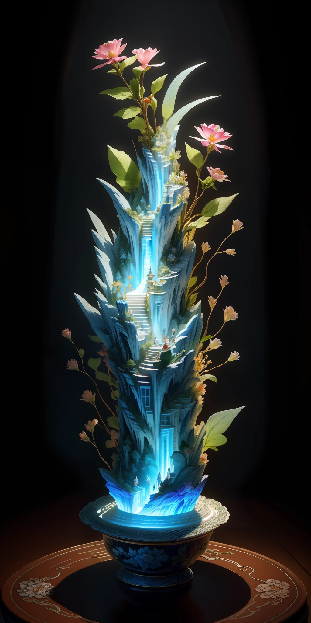 best quality, realistic, photorealistic, ultra detailed, "Mountain of Flower and Fruit+Fairy+Chinese Architecture" highly detailed carving on "southern ice" porcelain,Ultra wide angle,Accent Lighting,Volumetric Lighting,backlighting, (detailed light),((an extremely delicate and beautiful)),dramatic_shadow,ray_tracing,hdr