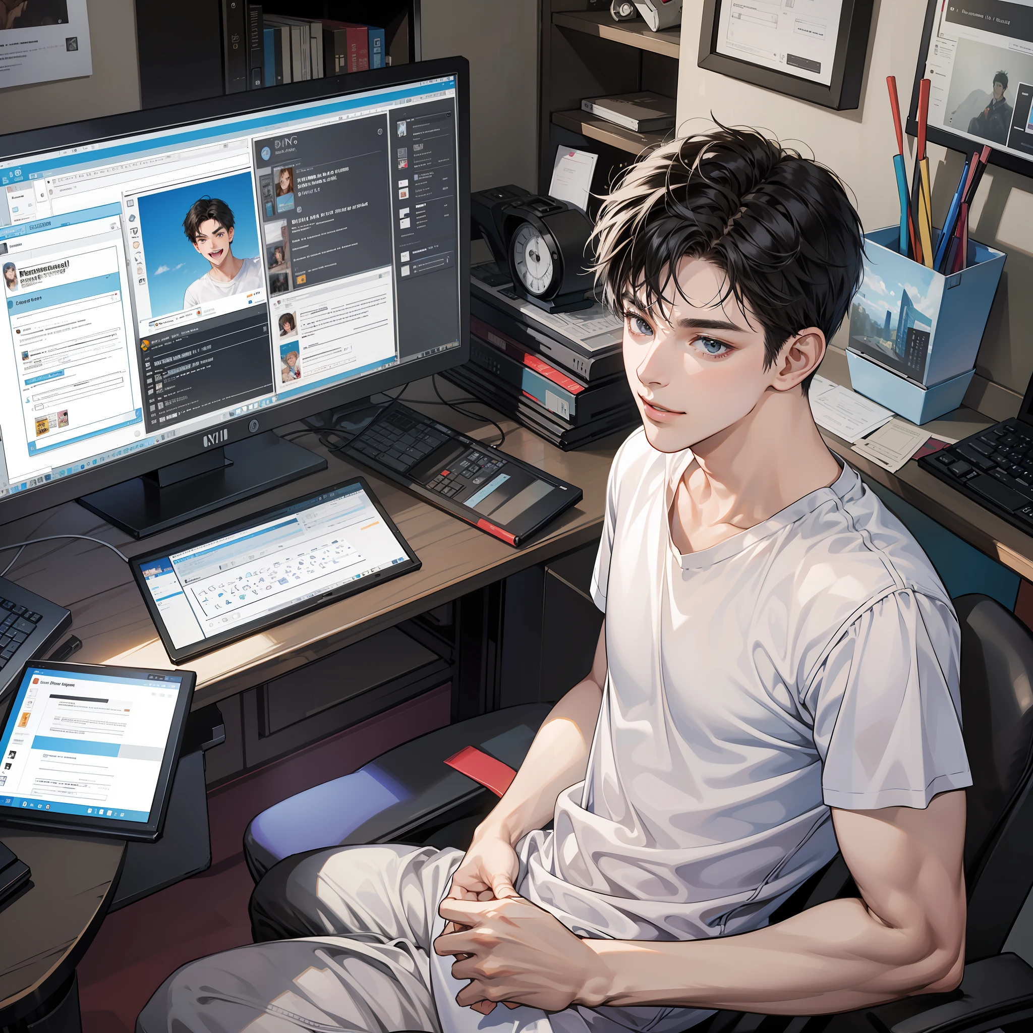 Masterpiece, high quality, best quality, HD, realistic, perfect lighting, detailed face, detailed body, 1 man, short black hair, white t-shirt, (happy expression: 1.5) (face excited: 1.5), sitting, looking at the computer monitor, far view, in the room