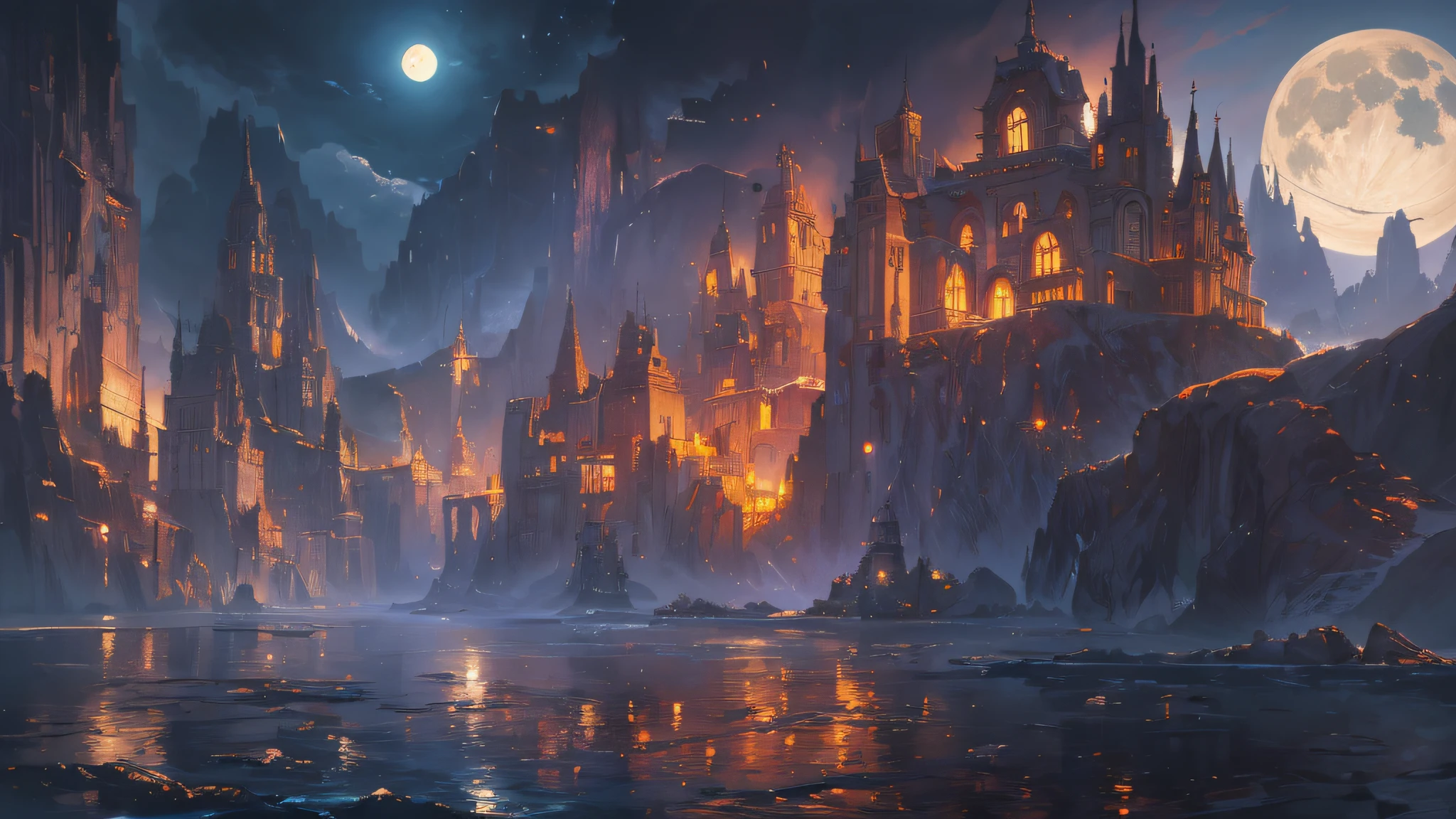 a painting of a river with a full moon in the background, digital art inspired by Andreas Rocha, pixiv contest winner, fantasy art, magical landscape, magical environment, beautiful anime scenery, detailed dreamscape, beautiful anime scene, night scenery, magical dream-like atmosphere, moonlit starry sky environment, anime landscape wallpaper, anime background art, painting of a dreamscape, Surrealism, high detail, from below, from below, Hyperrealism, Impressionism, anime, UHD, award winning, 4K, anatomically correct, super detail, best quality, highres, high quality, masterpiece