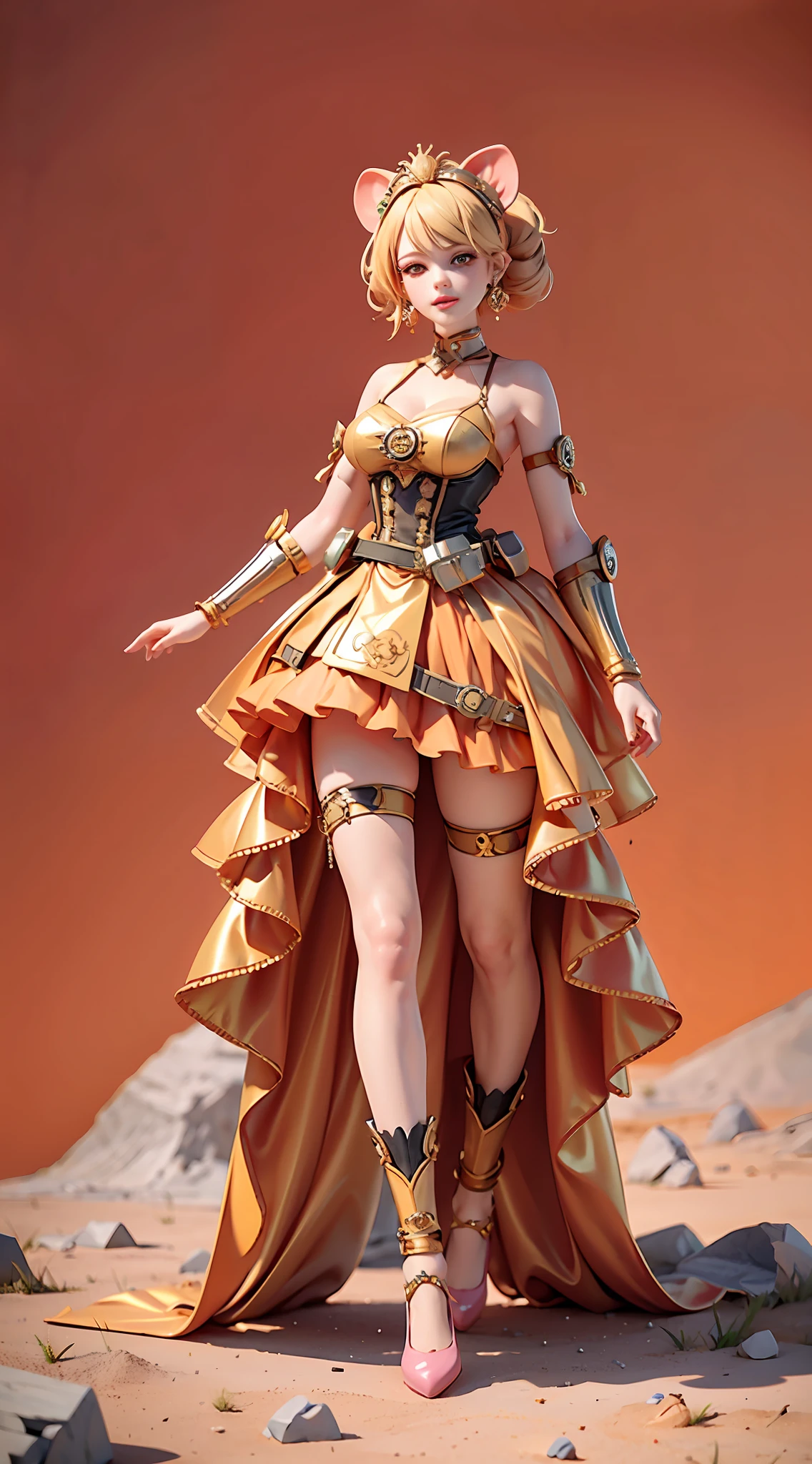 Broken [orange: pink: 0.5] theme, ((gradient background: 1.1))),panorama, full body, best quality, masterpiece, super high resolution, (realism: 1.4), absurd, cinema lighting, (best vista photo of mechanical girl), (anatomically correct), ((pig ear shaped headdress)), ((glowing light)), blonde, short hair, red eyes, smile, delicate tiara, ((pink shoes))(((sideways))), (koh_amberheard:0.9), extremely detailed face, surrealism, steampunk, intricate design, extremely detailed, exquisite details, HDR (High Dynamic Range), ray tracing, perfect proportions