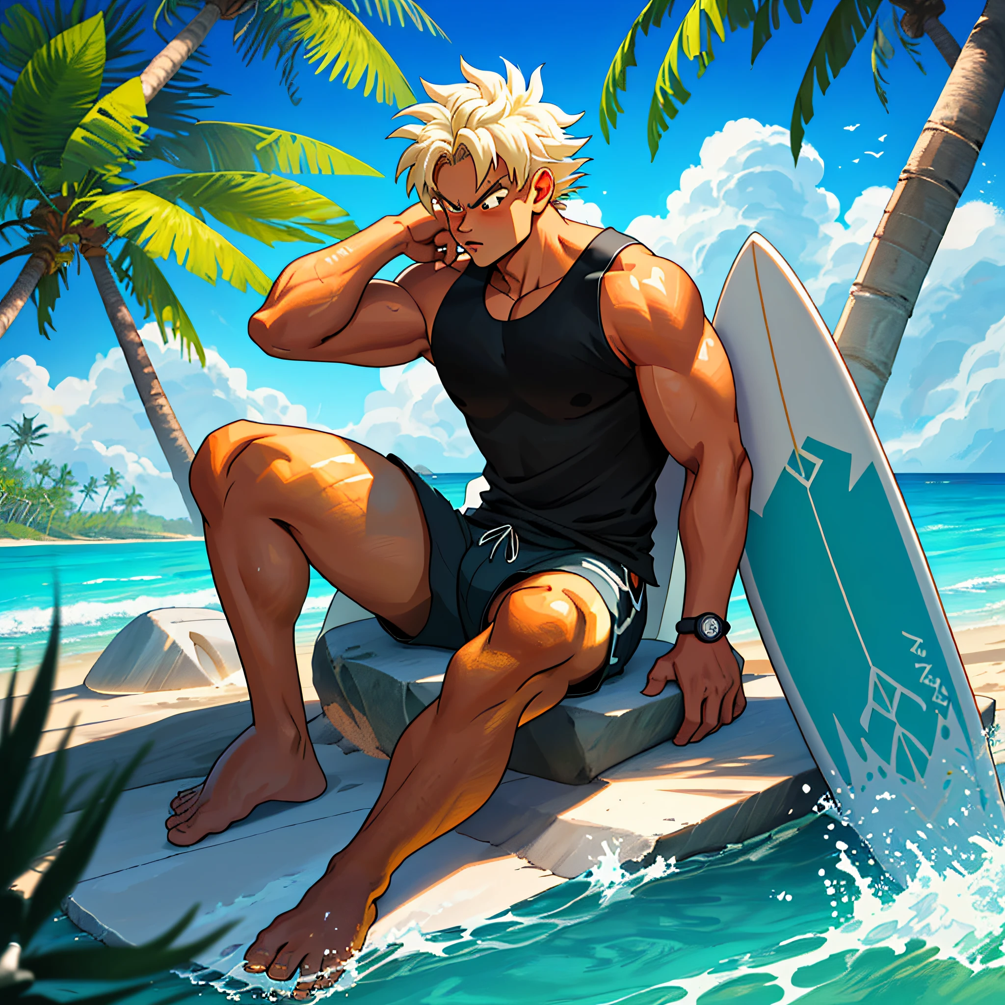 best quality, serious,Summer, sun, beach, coconut palms, swell sea, nature, light blue sky, island paradise, big waves, surfer surfing the big waves in the background, other surfers sitting on the boards, young boy sitting on the sand, under the shade of the coconut trees, beams of light illuminating his face, smoking a marijuana cigarette burning the ember releasing the smoke up, Thoughtful, looking down, black tank top, black surf shorts with coconut print details, anime style, dragon ball z, sand particles and sea air in the air, mystical, mysterious, natural atmosphere, sitting on the stone with moss and vegetation, flowers, boards buried in the sand of the beach in the background