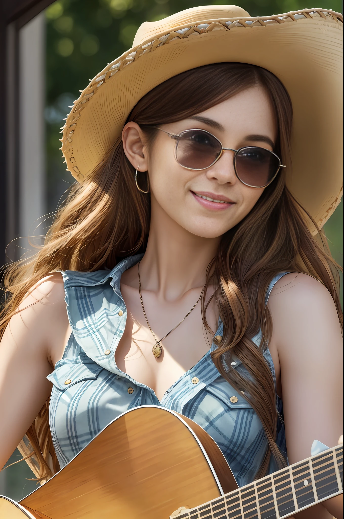 absurdres, RAW photo, highest quality, (masterpiece: 1.3), high detail RAW color photo, professional photo, extremely detailed CG 8k wallpaper unit, photo-realistic, realistic, RAW photo, masterpiece, best quality, highres,
1girl, 19 YEARS OLD, white, reddish brown hair, wavy, Average length, random hairstyle, beautiful body, thin legs, perfect beautiful face, beautiful light green realistic eyes, fair skin, detailed skin texture, very small natural breasts. Smiling. She looks amazing. Playing guitar in a country band. (Cowboy hat, plaid shirt with neckline, Ray Ban sunglasses, simple design). Evening concert hall.