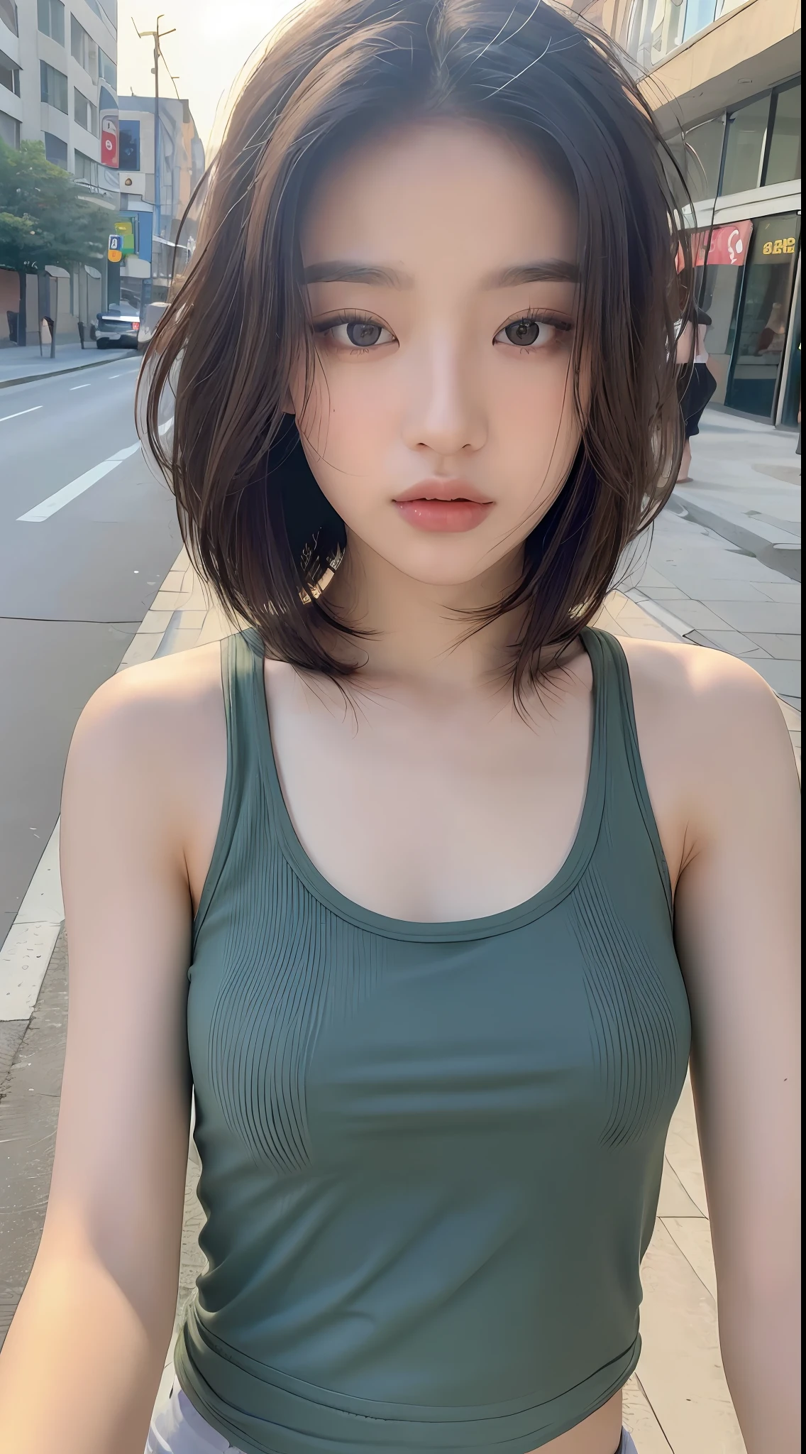 ((Best quality, 8k, Masterpiece :1.3)), Sharp focus: 1.2, Perfect Body Beauty: 1.4, Slim Abs: 1.2, ((Layered hairstyle: 1.2)), (Tank top shirt:1.1), (Street: 1.2), Highly detailed face and skin texture, Fine eyes, Double eyelids