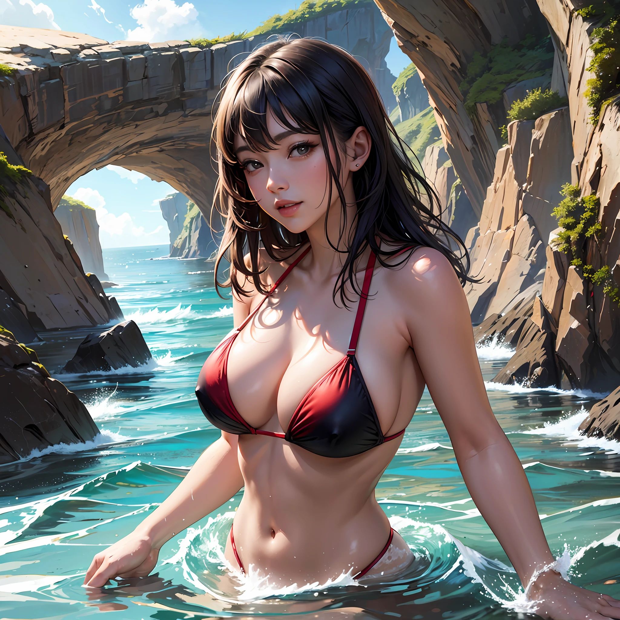 Seaside, bikini, playing in the water, sexy, big breast, happy, 8k, long eyelashes --auto --s2