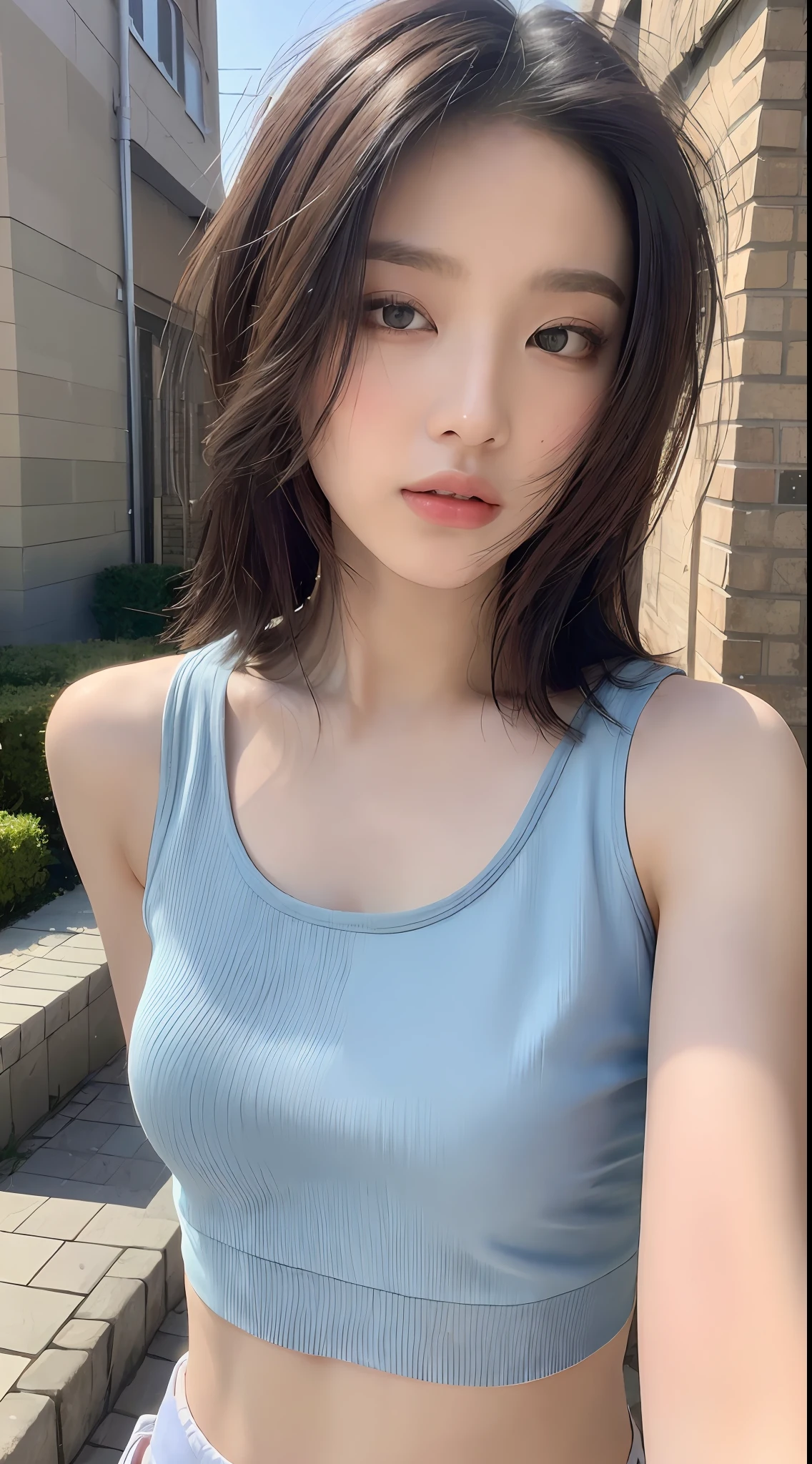 ((Best quality, 8k, Masterpiece :1.3)), Sharp focus: 1.2, Perfect Body Beauty: 1.4, Slim Abs: 1.2, ((Layered hairstyle: 1.2)), (Tank top shirt:1.1), (Street: 1.2), Highly detailed face and skin texture, Fine eyes, Double eyelids